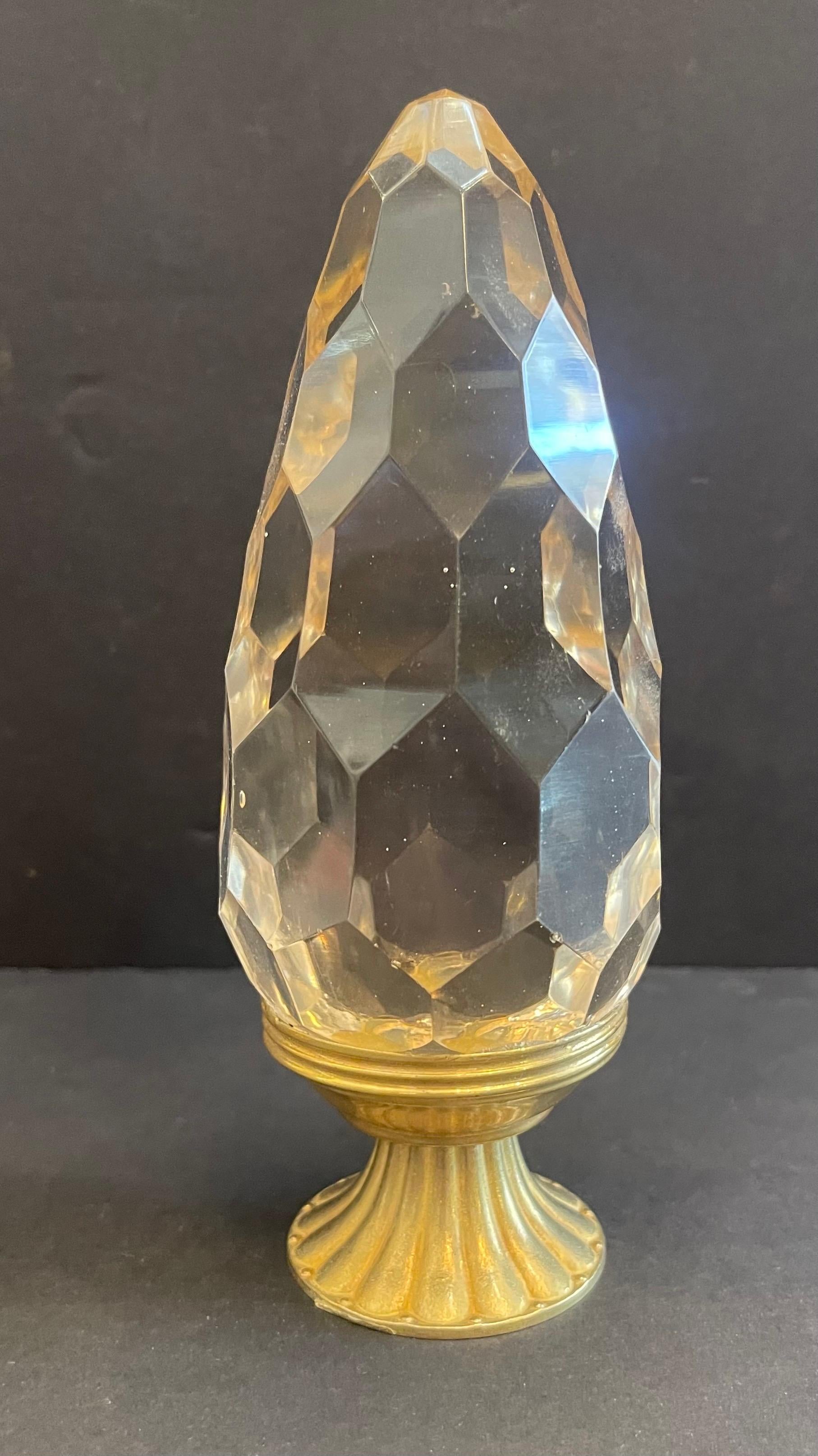 A Wonderful Pair Of French Boule d'Escalier Honeycomb Cut Crystal Banister Newel Post Finials Mounted On Brass Bases