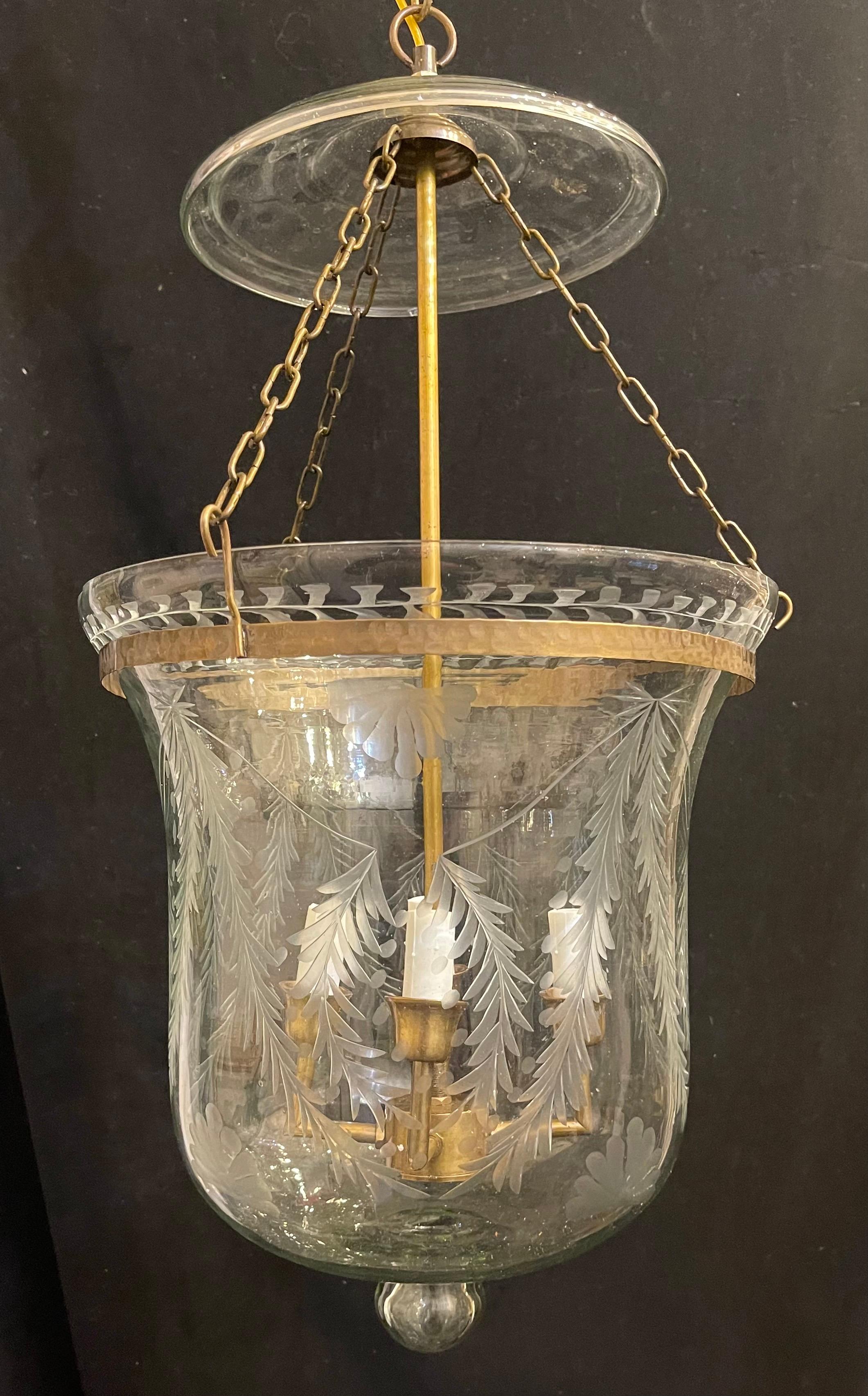 A Wonderful Pair Brass & Blown Etched Laurel Leaf Glass Bell Jar Lanterns Each Light Fixture With 4 Candelabra Lights

Each Bell Jar Sold Individually 
Pair Available