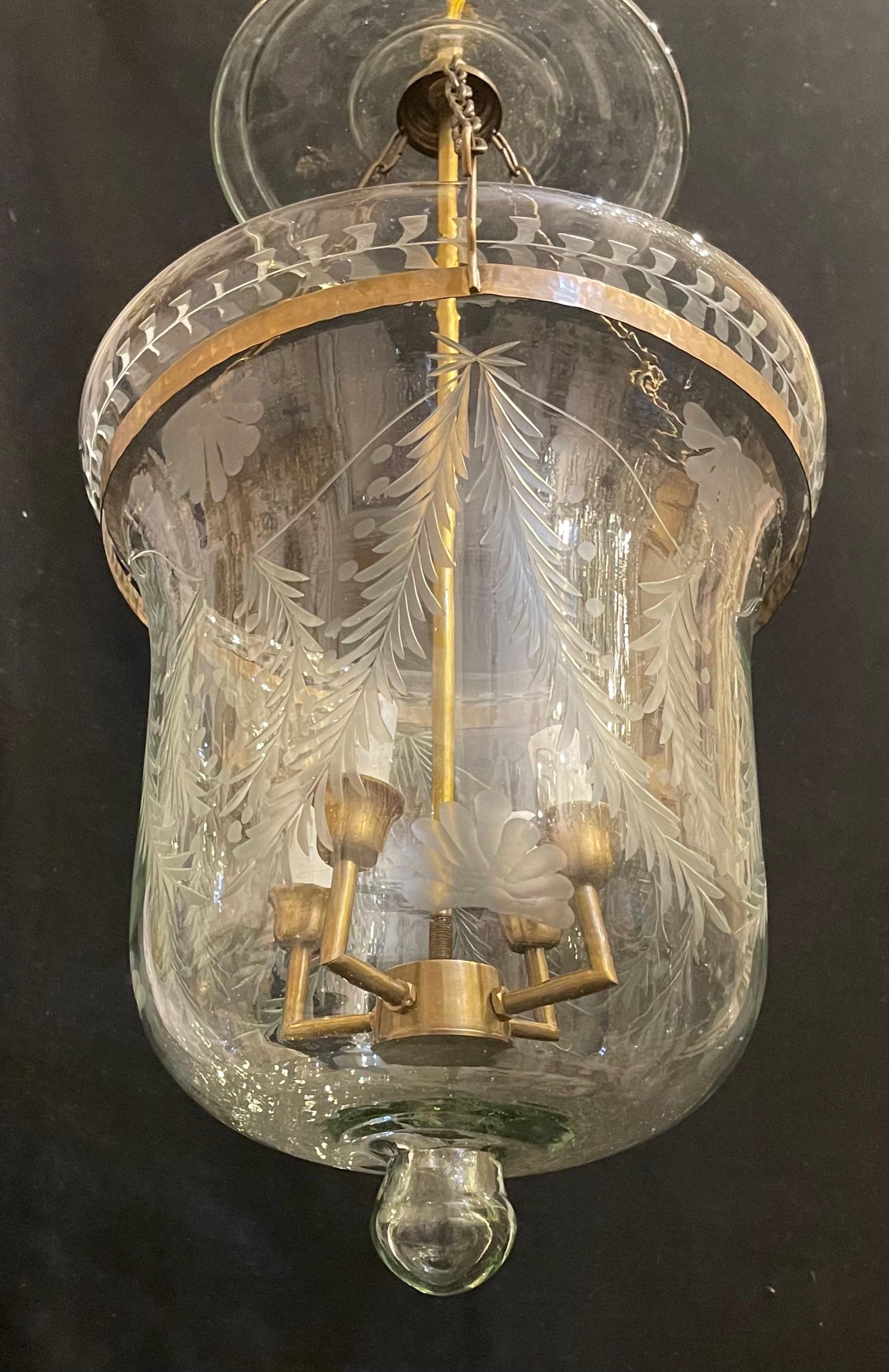 Regency Wonderful Pair Brass Blown Etched Laurel Leaf Glass Bell Jar Lantern Fixtures