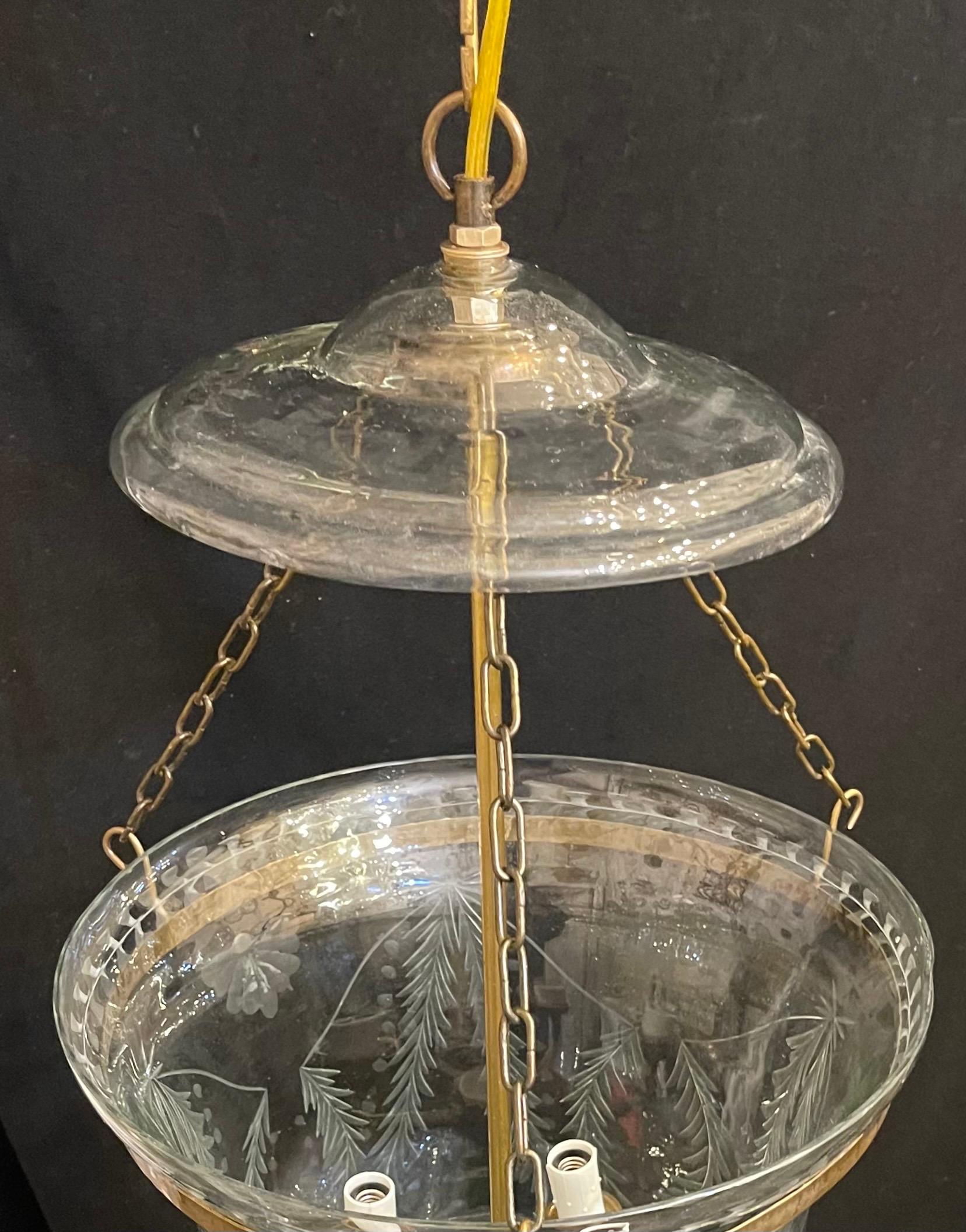 Wonderful Pair Brass Blown Etched Laurel Leaf Glass Bell Jar Lantern Fixtures In Good Condition In Roslyn, NY