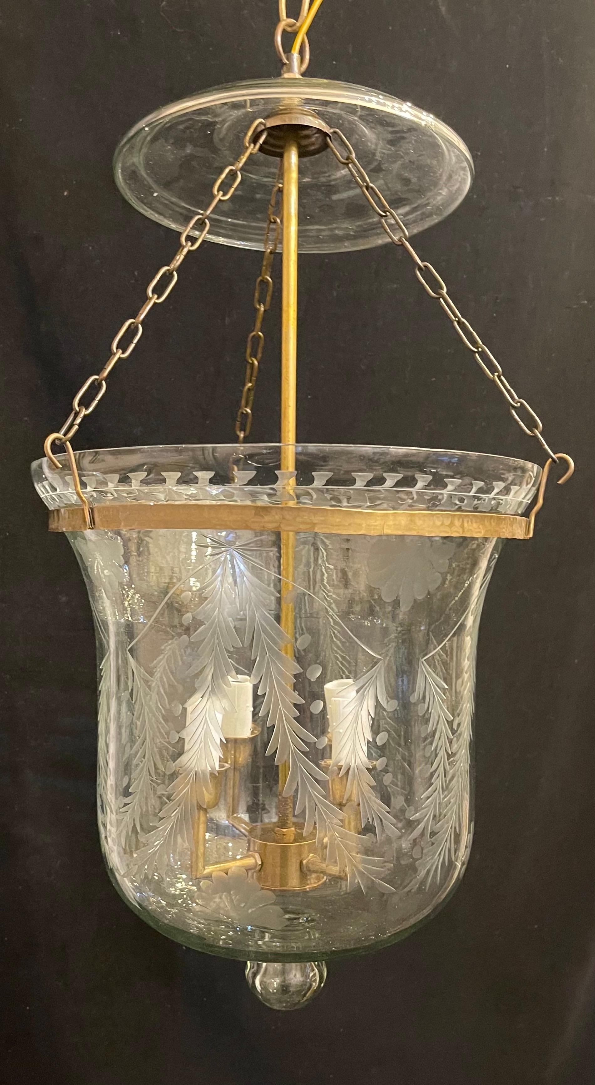 20th Century Wonderful Pair Brass Blown Etched Laurel Leaf Glass Bell Jar Lantern Fixtures