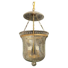 Wonderful Pair Brass Blown Etched Laurel Leaf Glass Bell Jar Lantern Fixtures