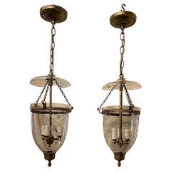 Wonderful Pair Brass Blown Glass Star Bell Jar Lantern Vaughan Light Fixtures