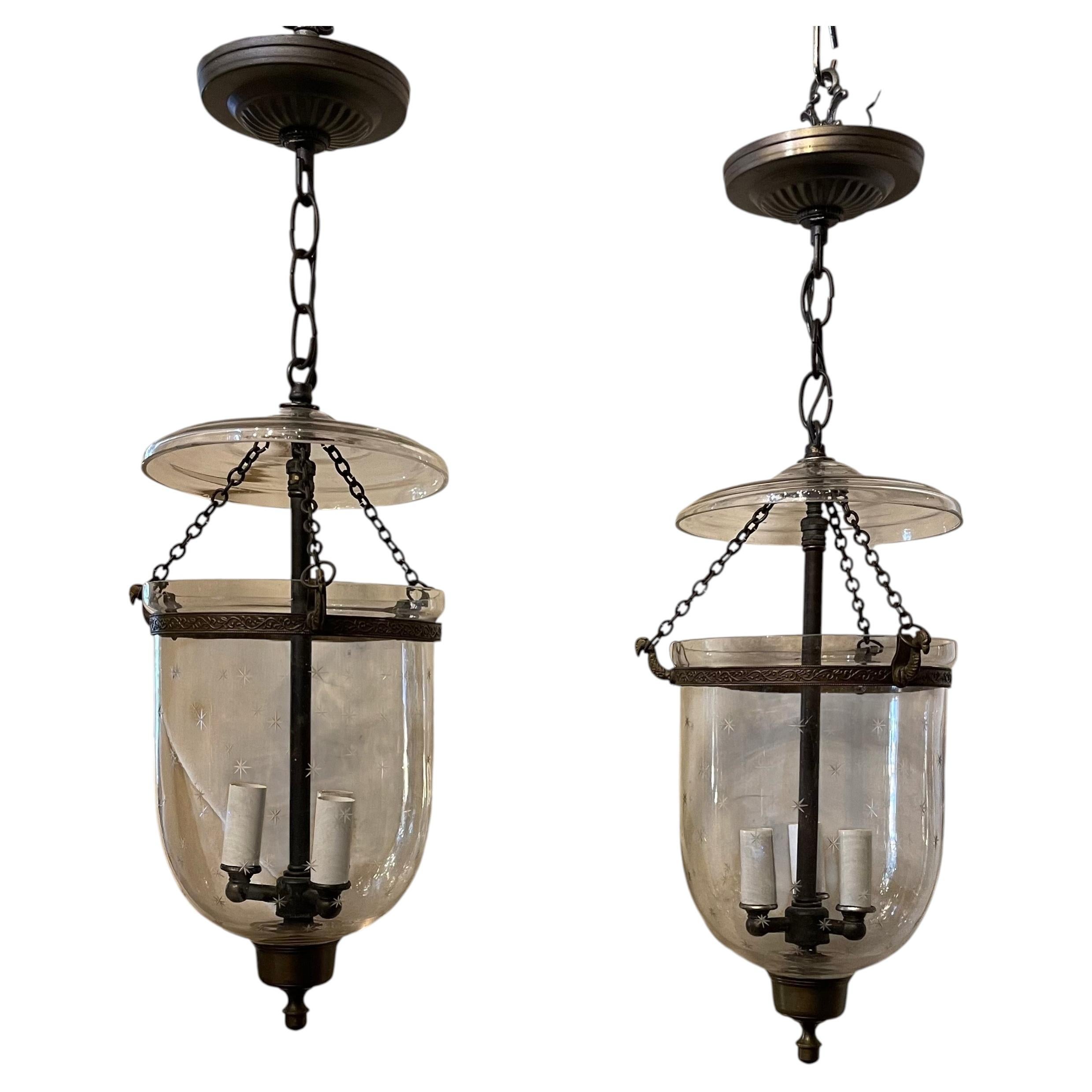 Wonderful Pair Brass Blown Glass Star Bell Jar Lantern Vaughan Light Fixtures