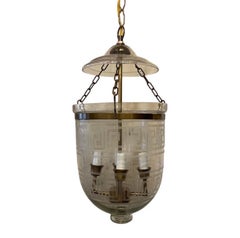 Wonderful Pair Brass Etched Greek Key Glass Bell Jar Lanterns Light Fixtures