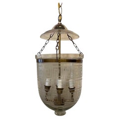 Wonderful Pair Brass Etched Greek Key Glass Bell Jar Lanterns Light Fixtures