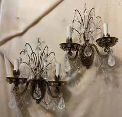 Wonderful Pair Brass Rock Crystal Leaf Bouquet Flower Maison Baguès Sconces