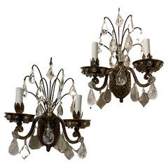 Wonderful Pair Brass Rock Crystal Leaf Bouquet Flower Maison Baguès Sconces