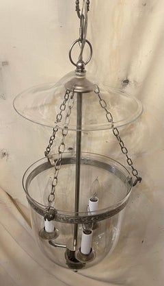 Wonderful Pair Brushed Nickel Blown Glass Bell Jar Lanterns Light Fixtures