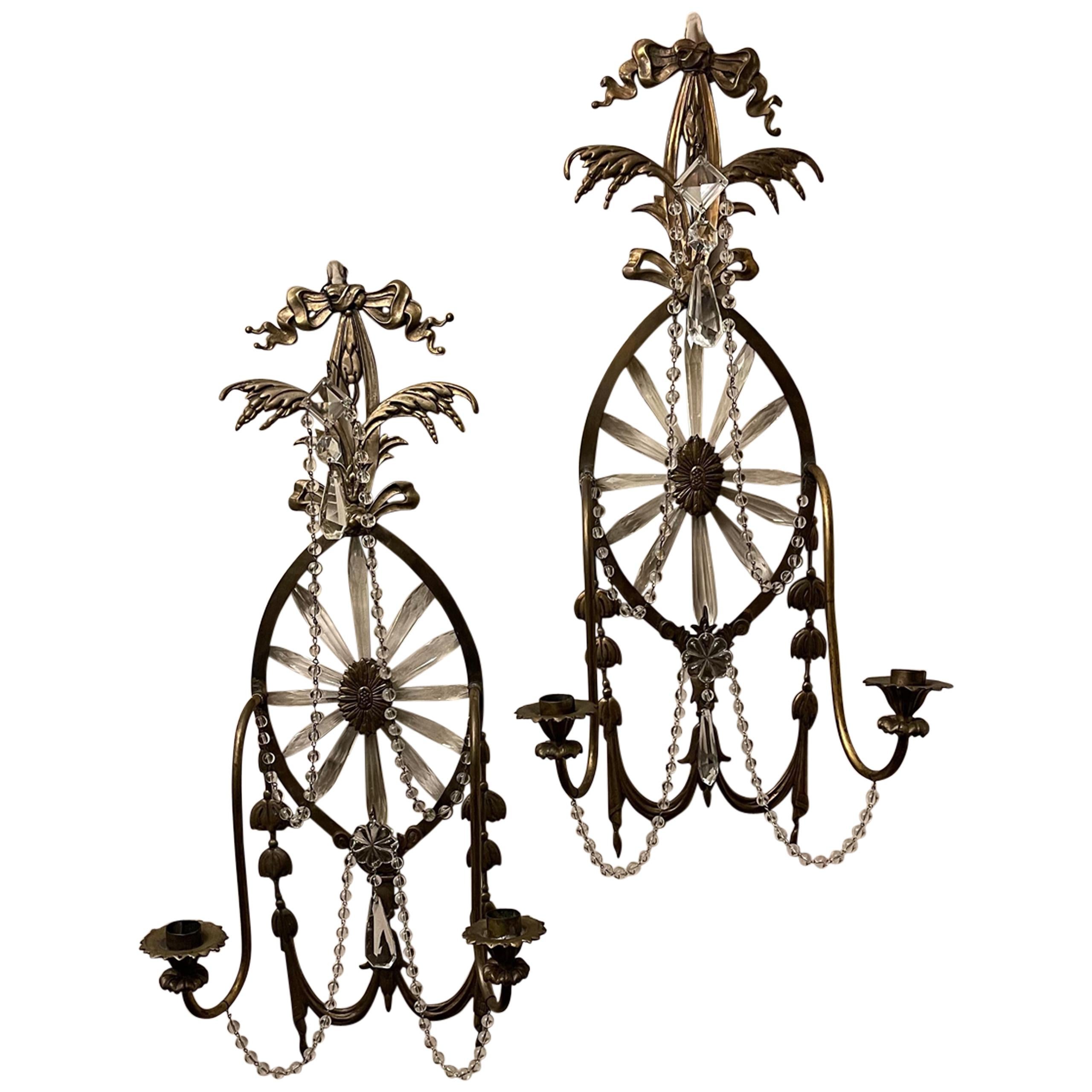 Wonderful Pair of Caldwell Bow Top Elegant Crystal Sunburst Star Bronze Sconces For Sale