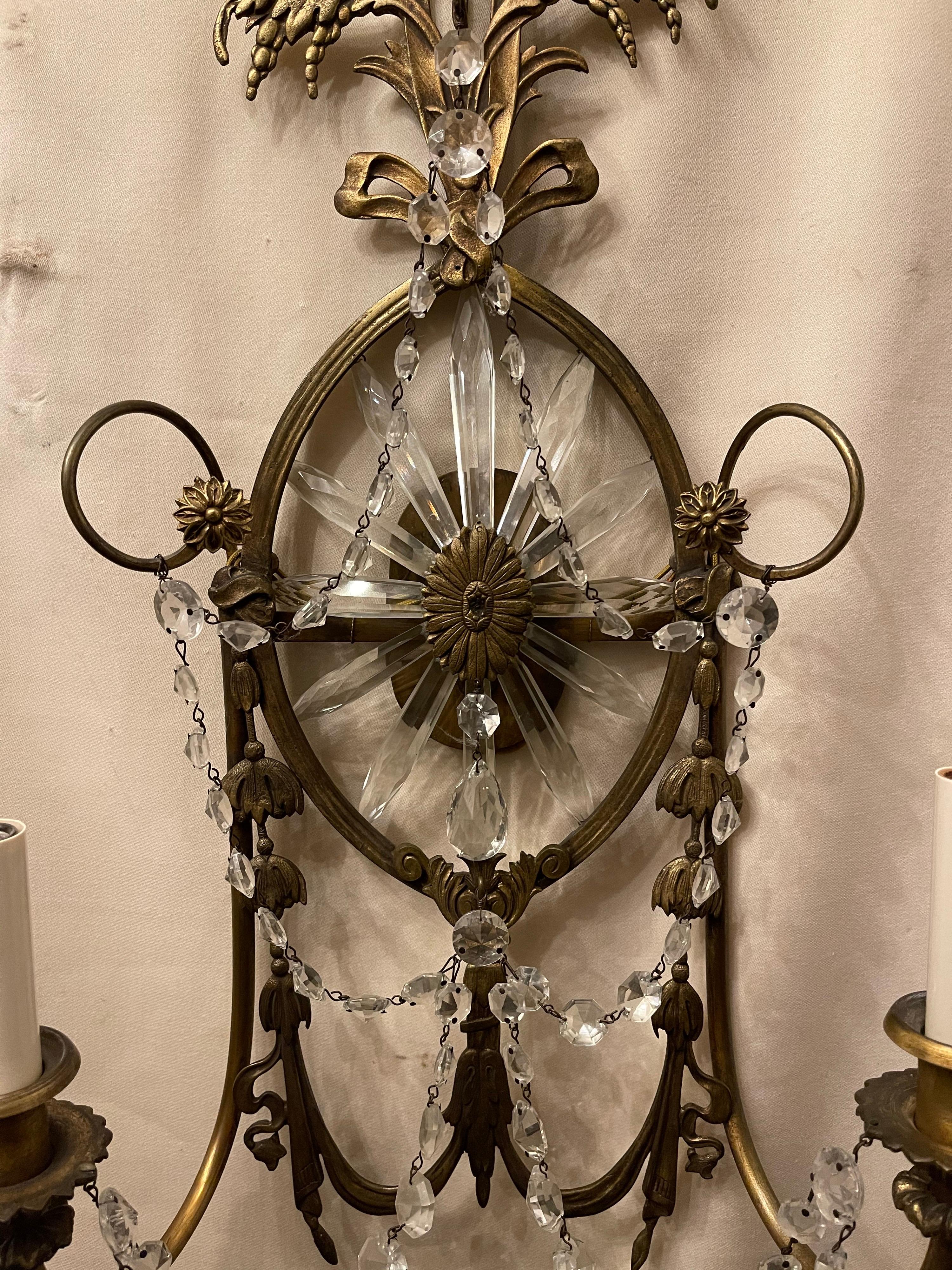 Wonderful Pair of Caldwell Bronze Bow Swag Crystal Sunburst Star Elegant Sconces In Good Condition For Sale In Roslyn, NY