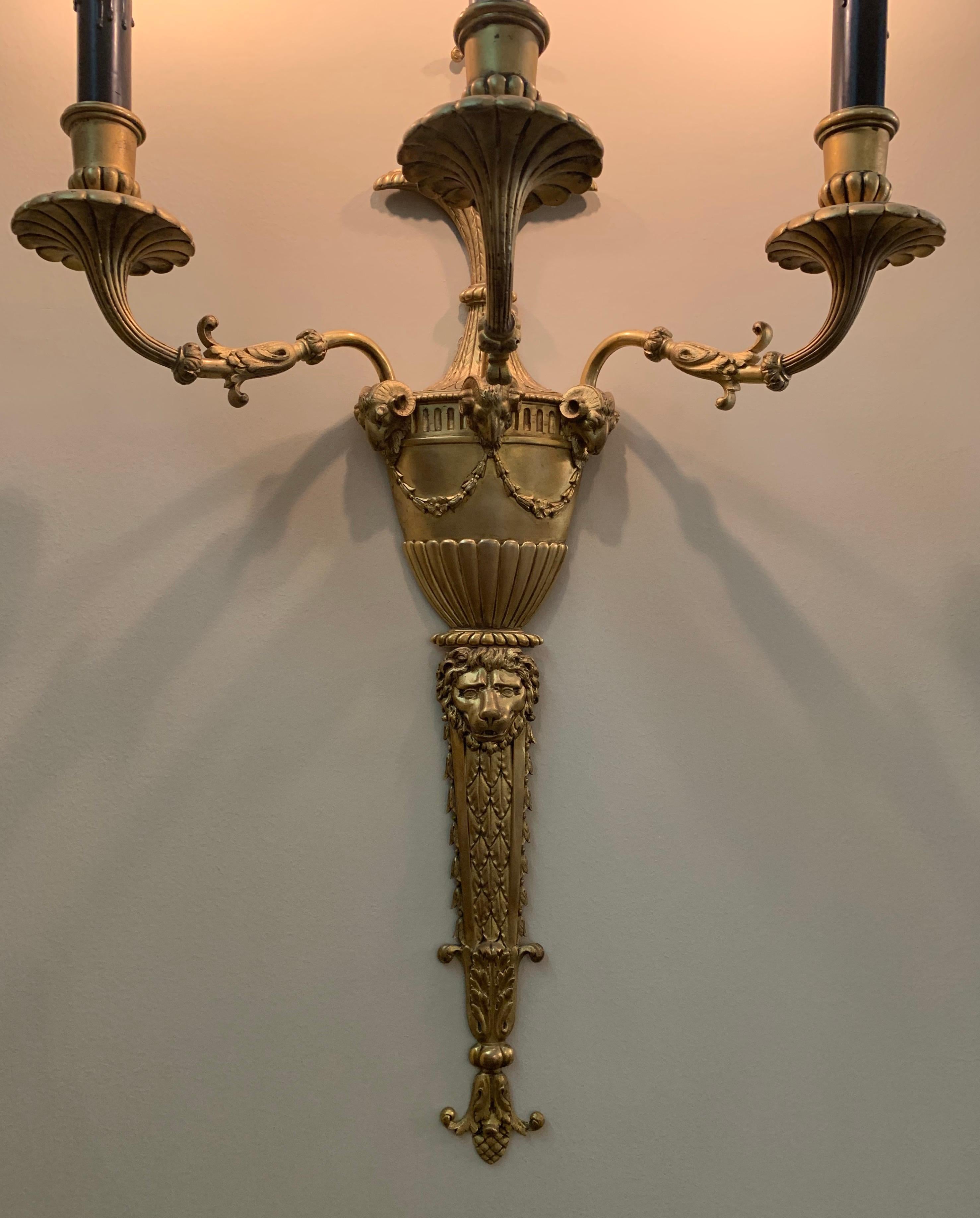 20th Century Wonderful Pair Caldwell French Doré Bronze Neoclassical Empire Lion Urn Sconces