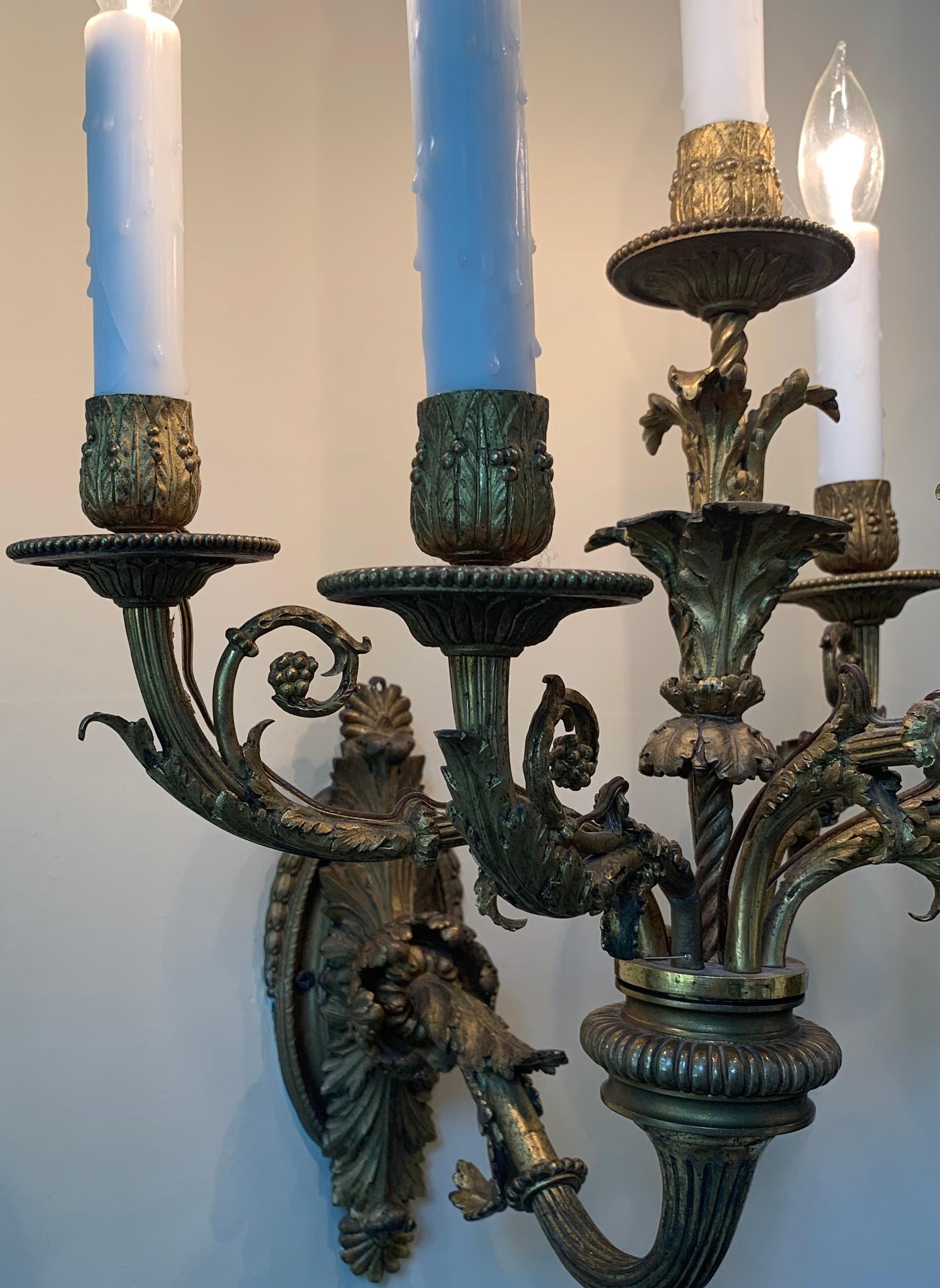 19th Century Wonderful Pair Caldwell French Dore Bronze Neoclassical Empire Regency Sconces