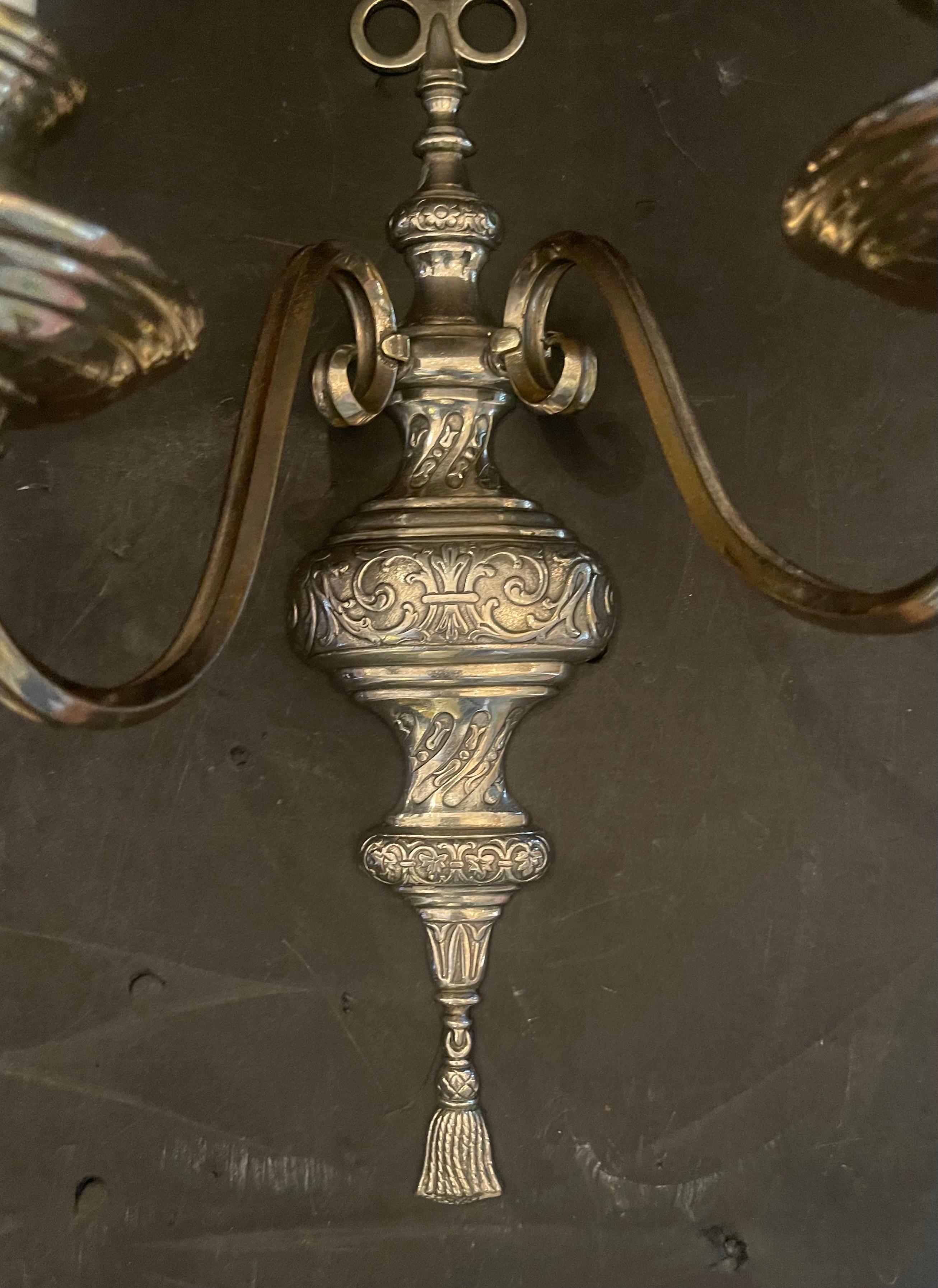 A Wonderful Pair Of E.F Caldwell Style Silvered Bronze / Nickel With Tassel Bottom Regency / Baroque Design Two Rewired Candelabra Sconces