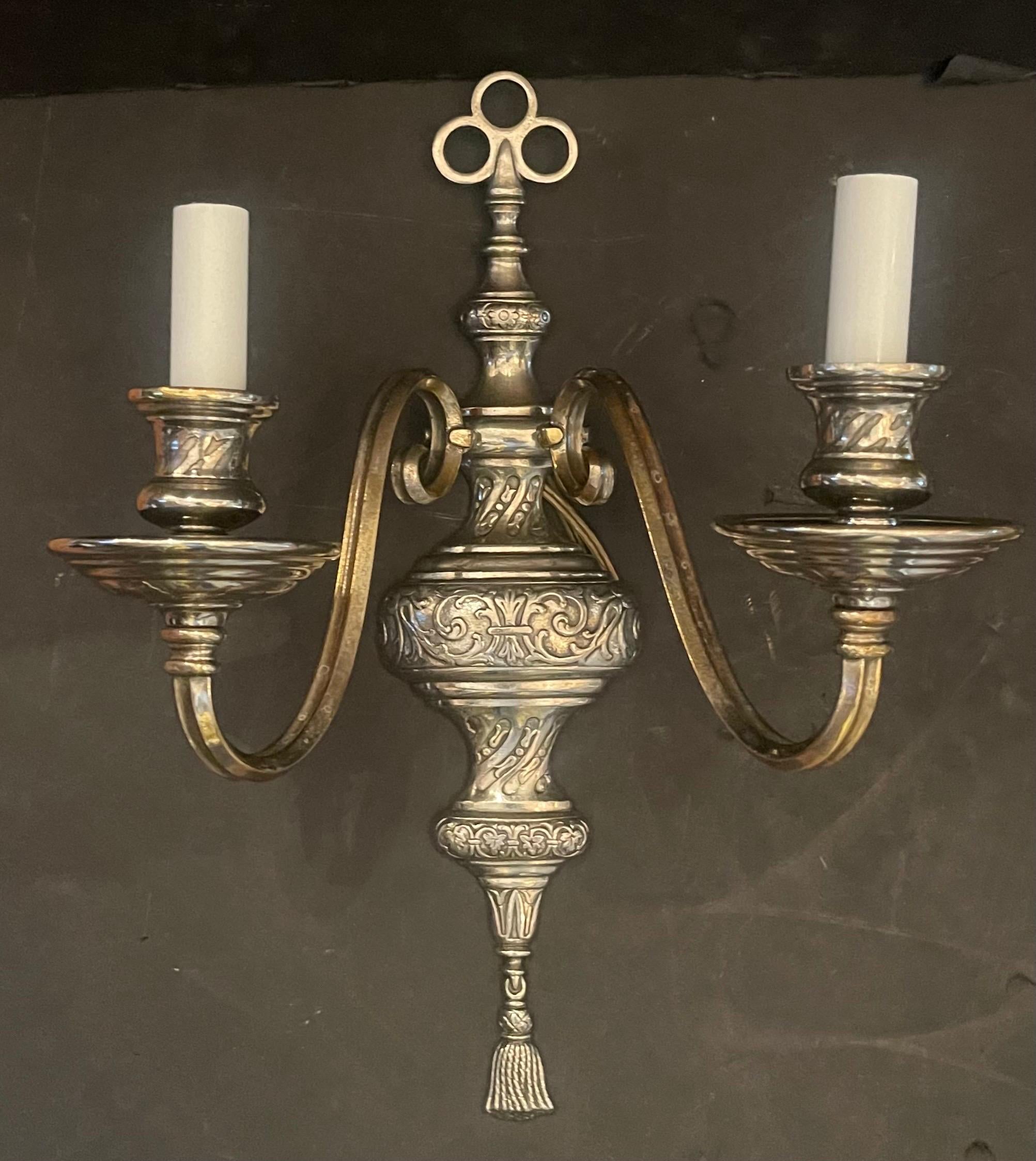 Wonderful Pair Caldwell Silvered Bronze Nickel Tassel Regency Baroque Sconces In Good Condition For Sale In Roslyn, NY