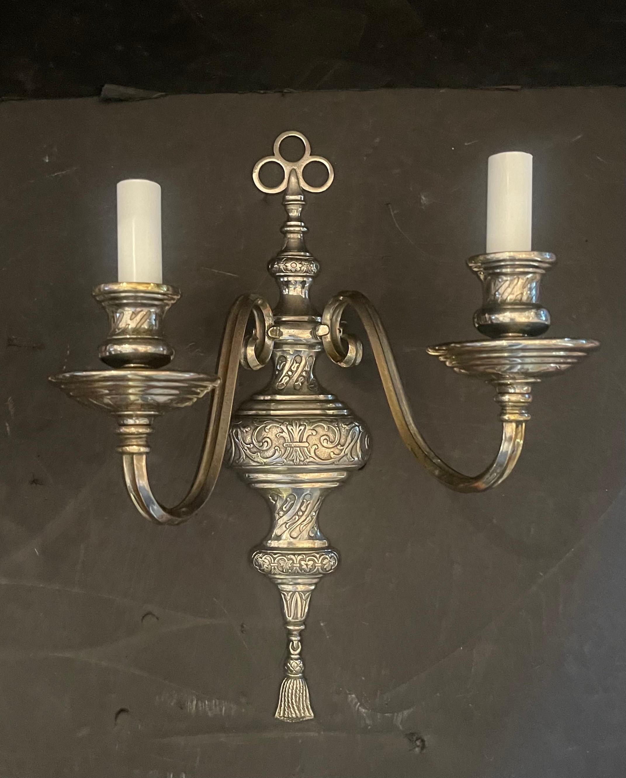20th Century Wonderful Pair Caldwell Silvered Bronze Nickel Tassel Regency Baroque Sconces For Sale