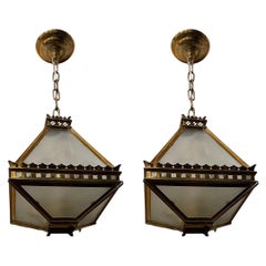Wonderful Pair Charles Edwards Greenhouse Brass Frosted Glass Lanterns Fixtures