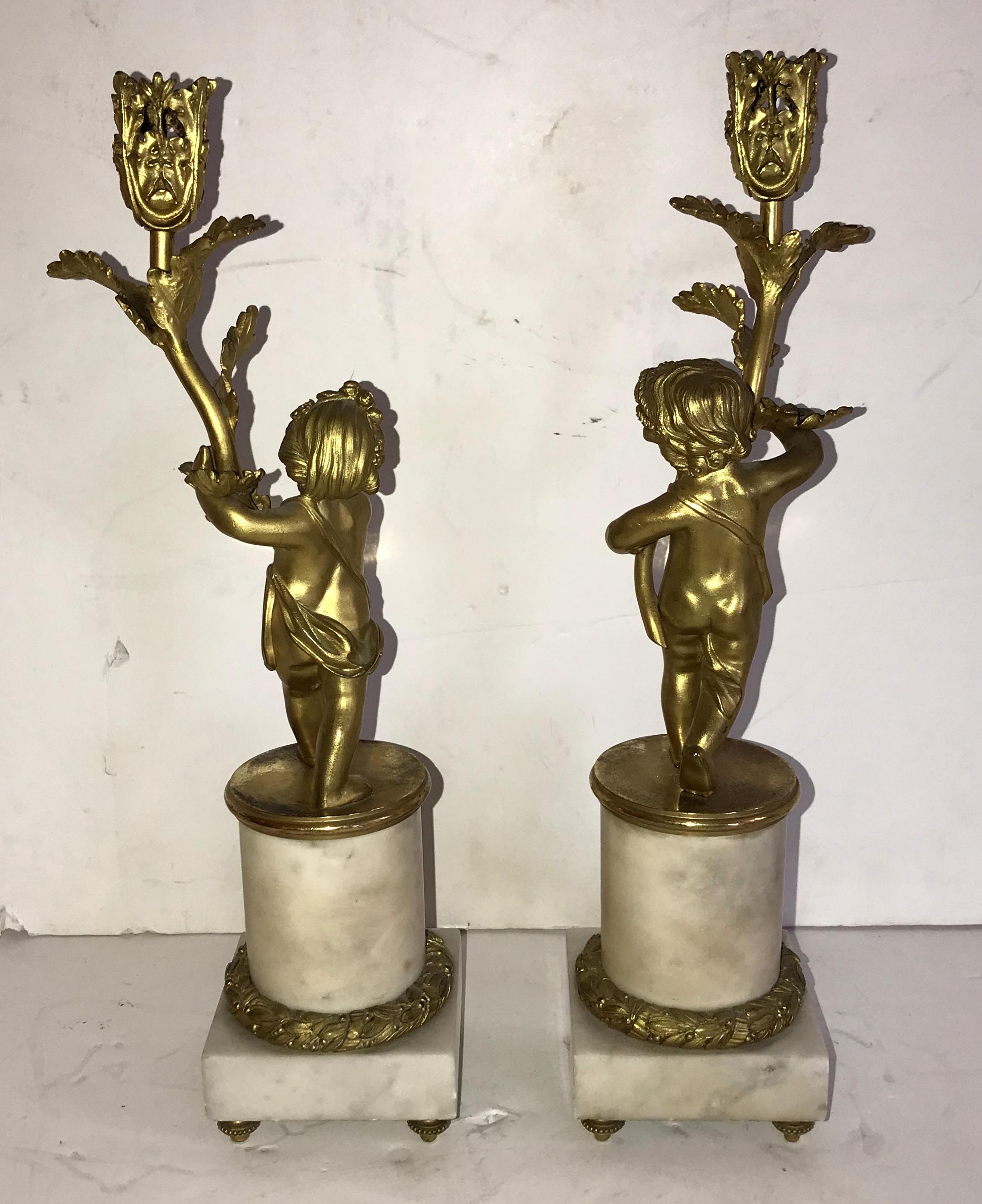 French Wonderful Pair Cherub Dore Bronze Putti Figure Candelabra Ormolu Mounted Marble For Sale