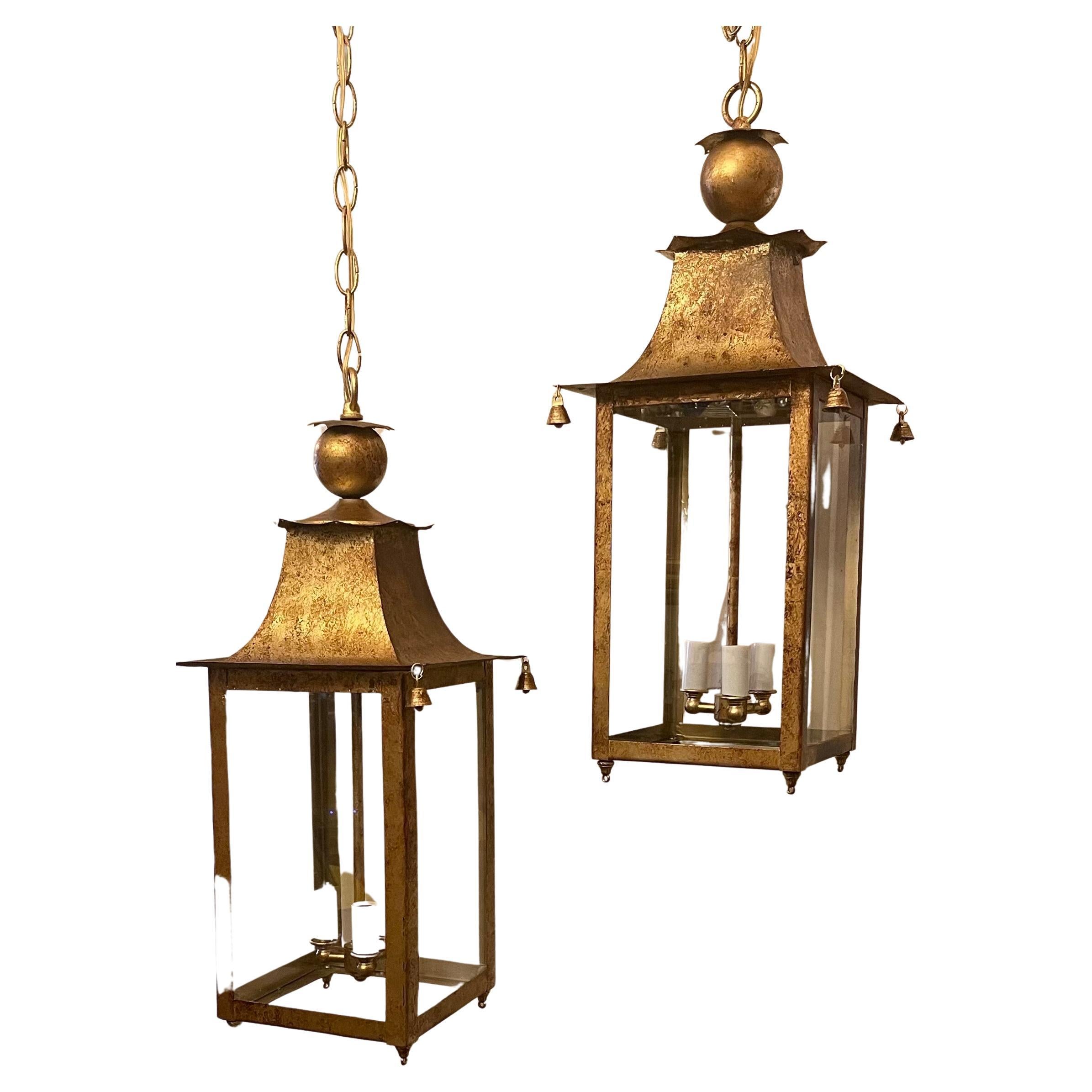 Wonderful Pair Chinoiserie Gold Gilt Pagoda Lantern Bell Chandeliers Fixtures