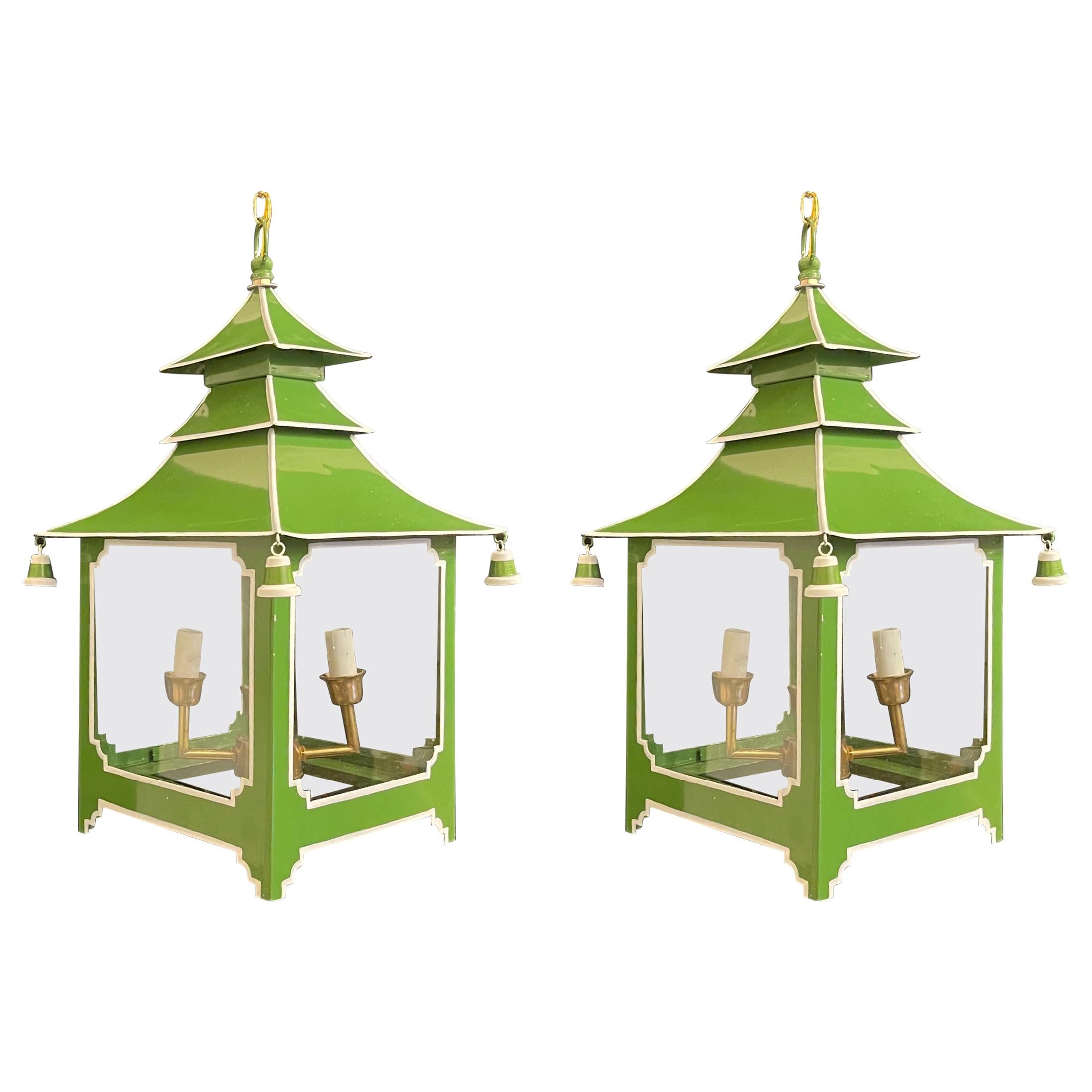 Wonderful Pair Chinoiserie Pagoda Green Enameled White Glass Lantern Fixtures