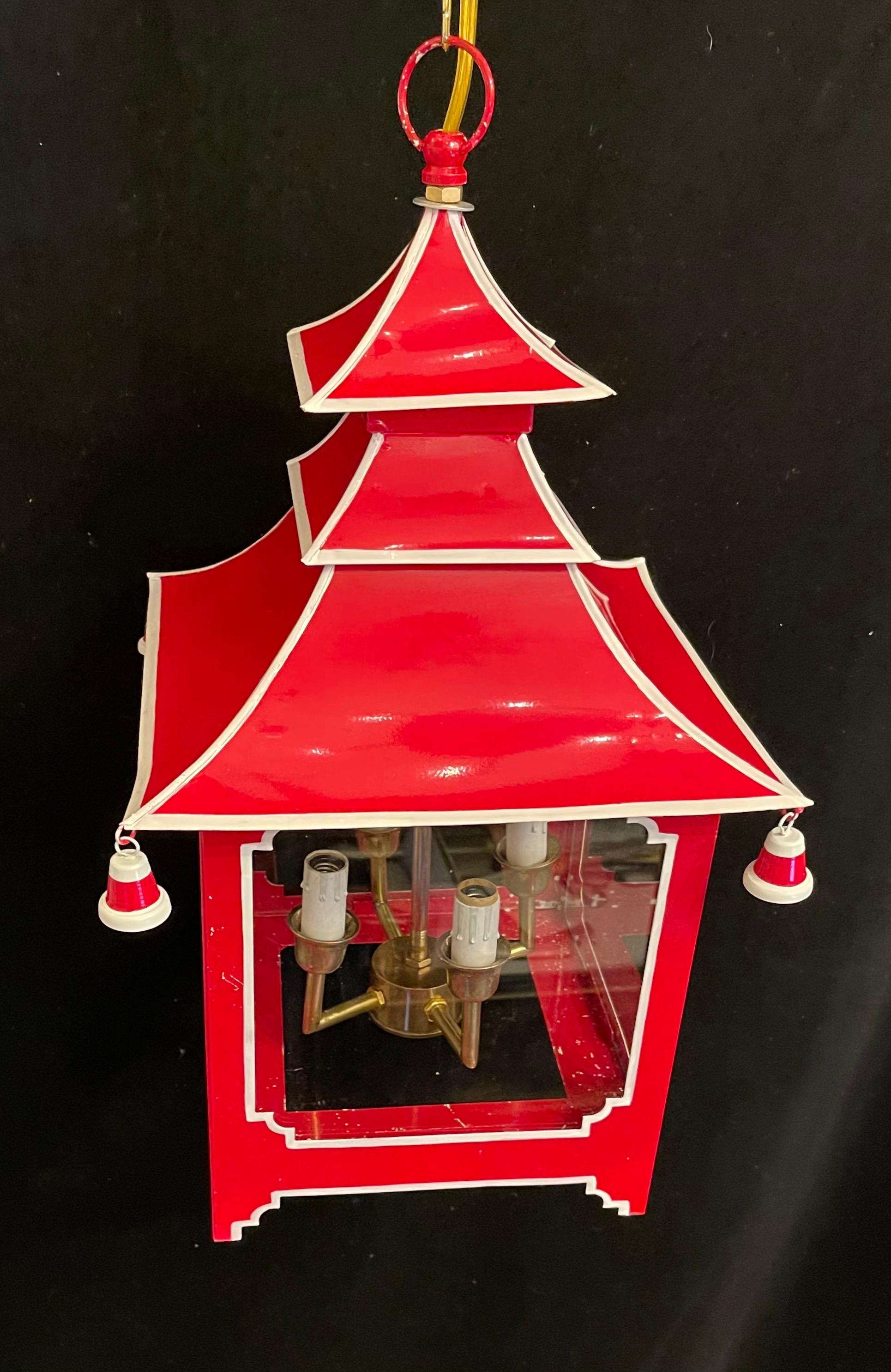 Italian Wonderful Pair Chinoiserie Pagoda Red Enameled White Trim Glass Lantern Fixture