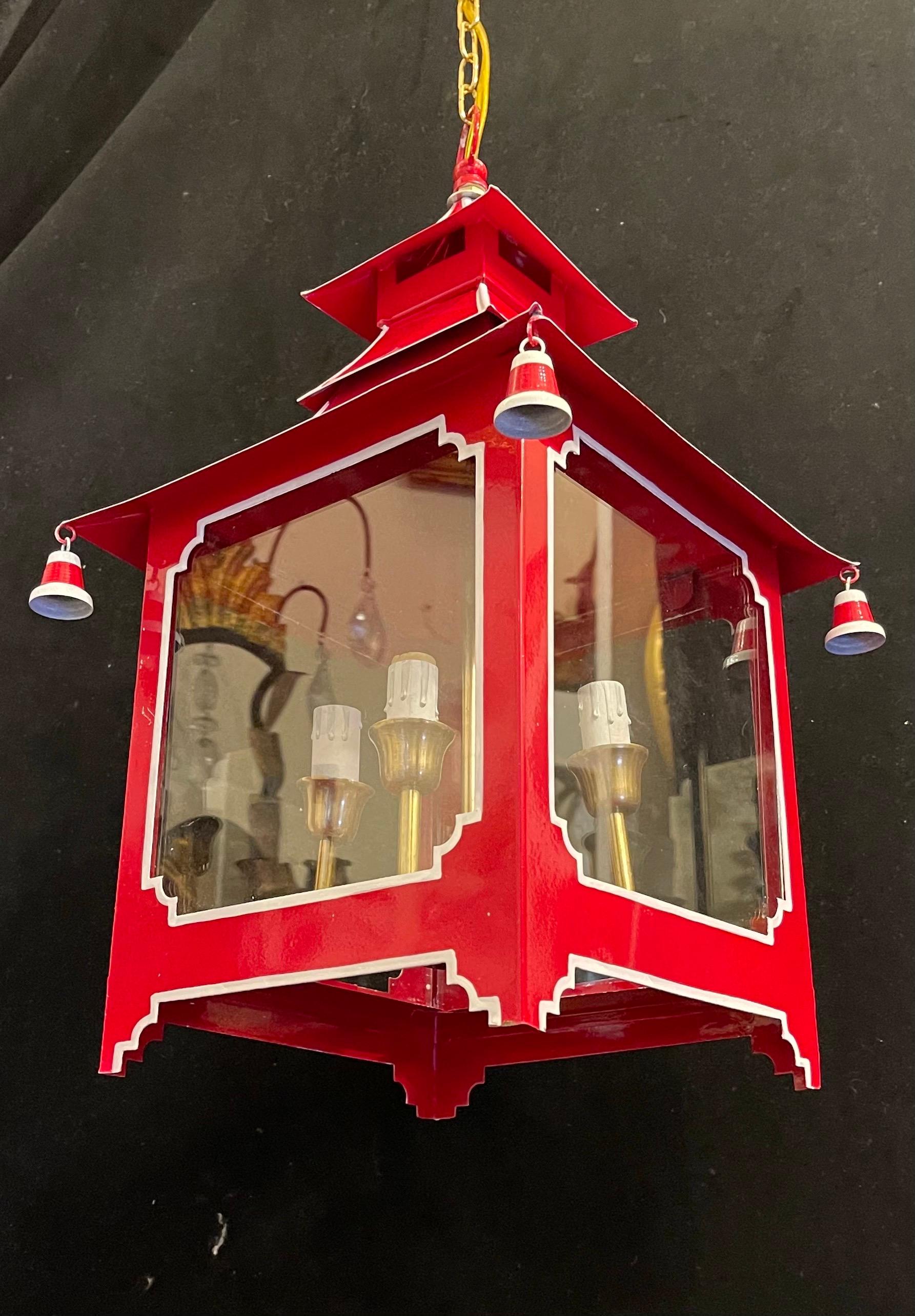 20th Century Wonderful Pair Chinoiserie Pagoda Red Enameled White Trim Glass Lantern Fixture