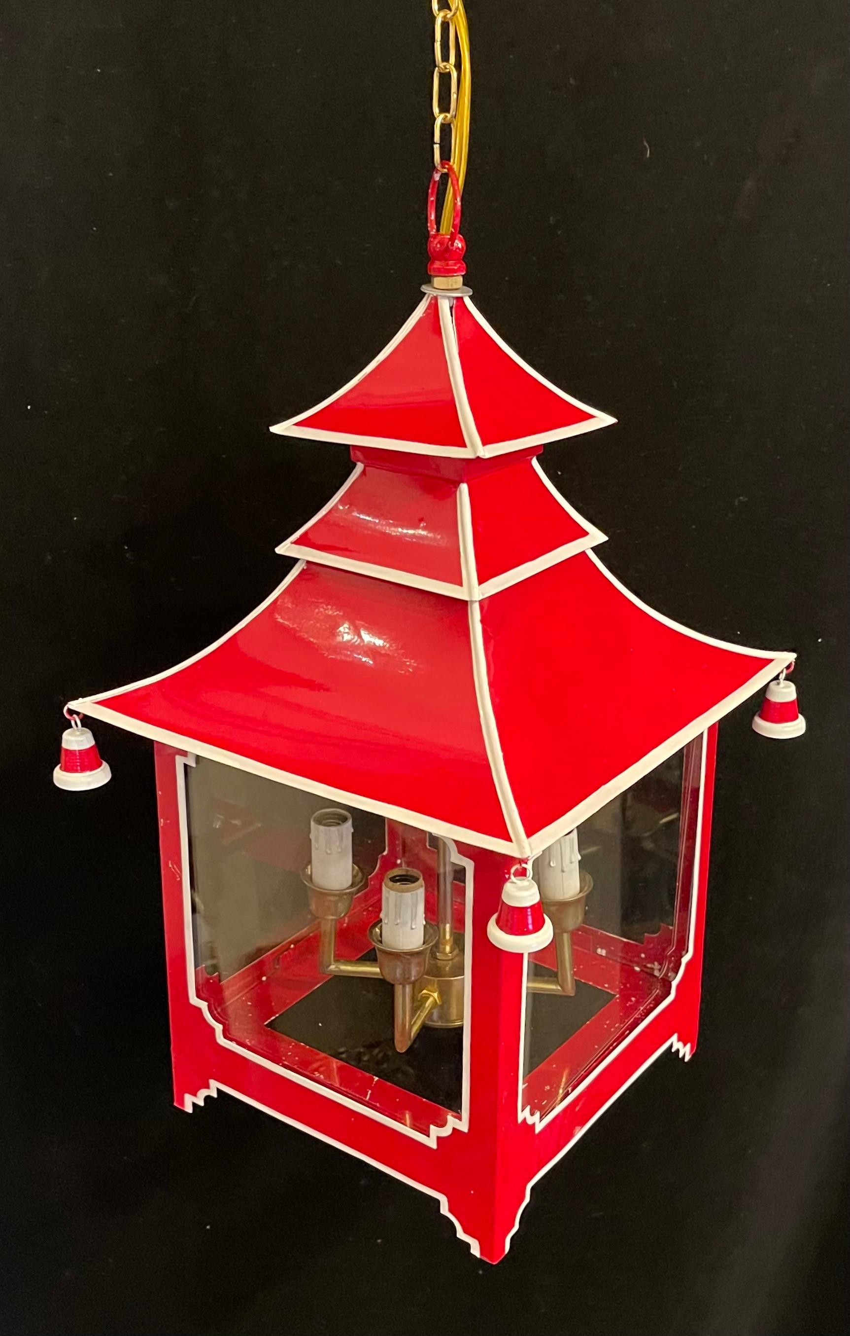 Wonderful Pair Chinoiserie Pagoda Red Enameled White Trim Glass Lantern Fixture 1