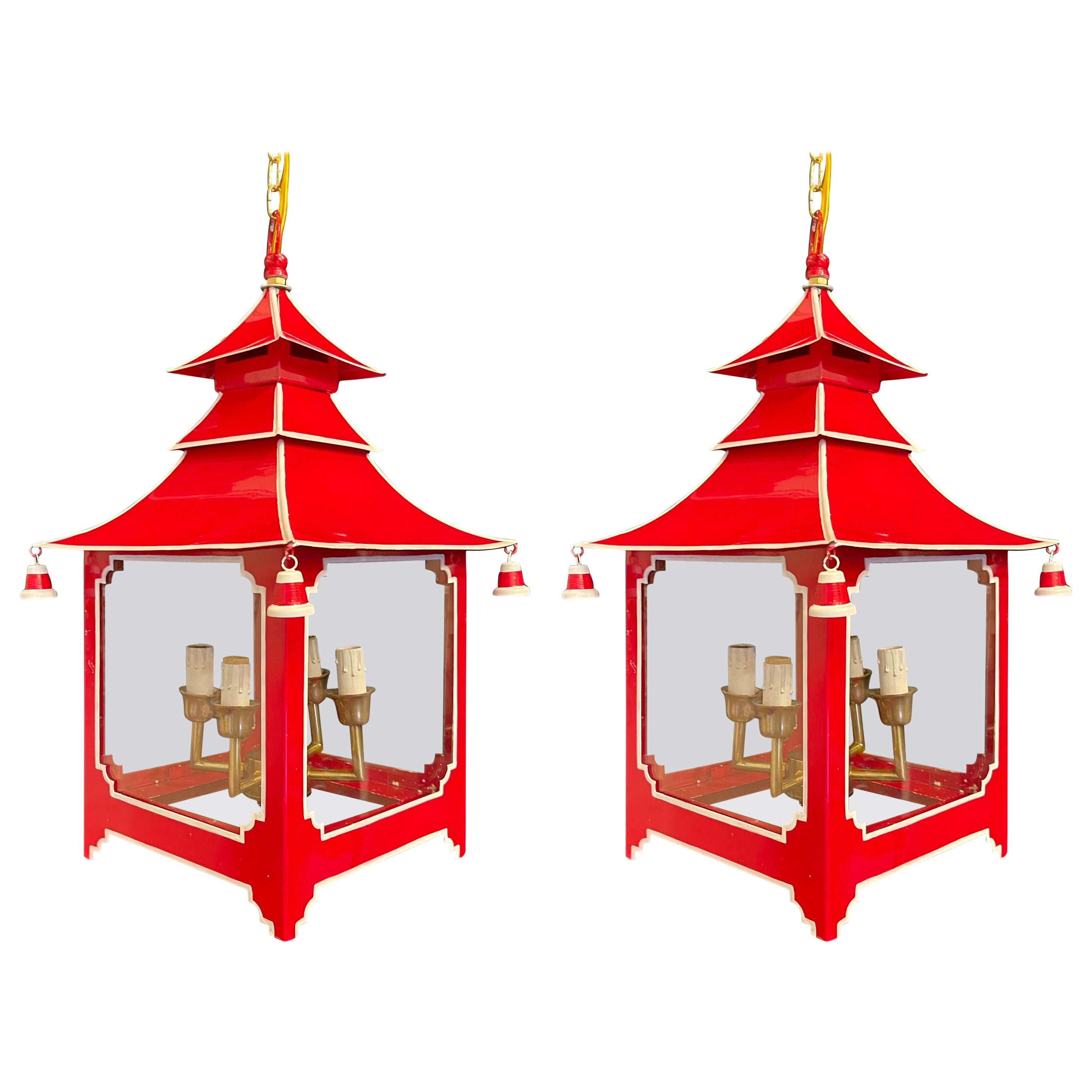 Wonderful Pair Chinoiserie Pagoda Red Enameled White Trim Glass Lantern Fixture