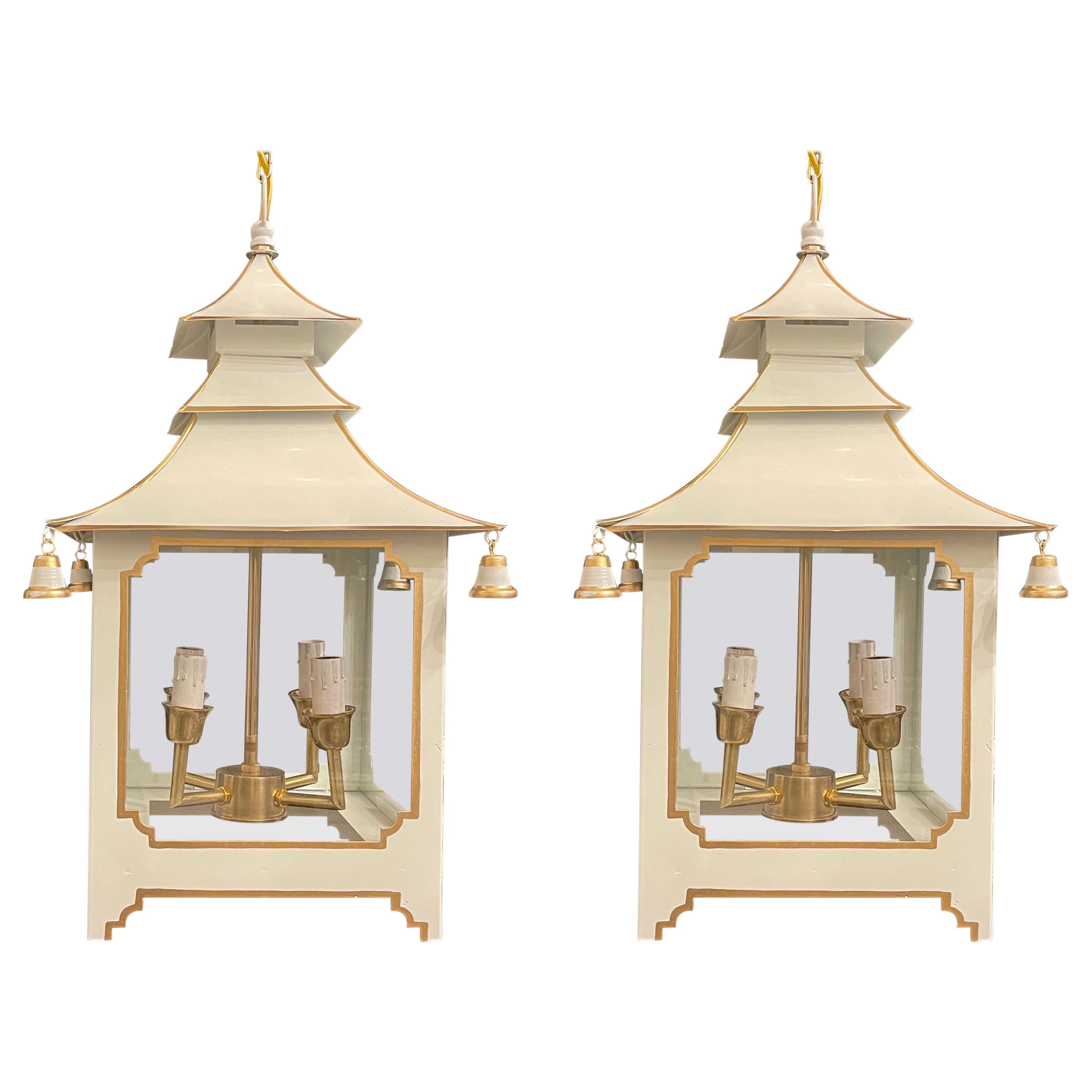 Wonderful Pair Chinoiserie Pagoda White Enameled Gold Trim Glass Lantern Fixture