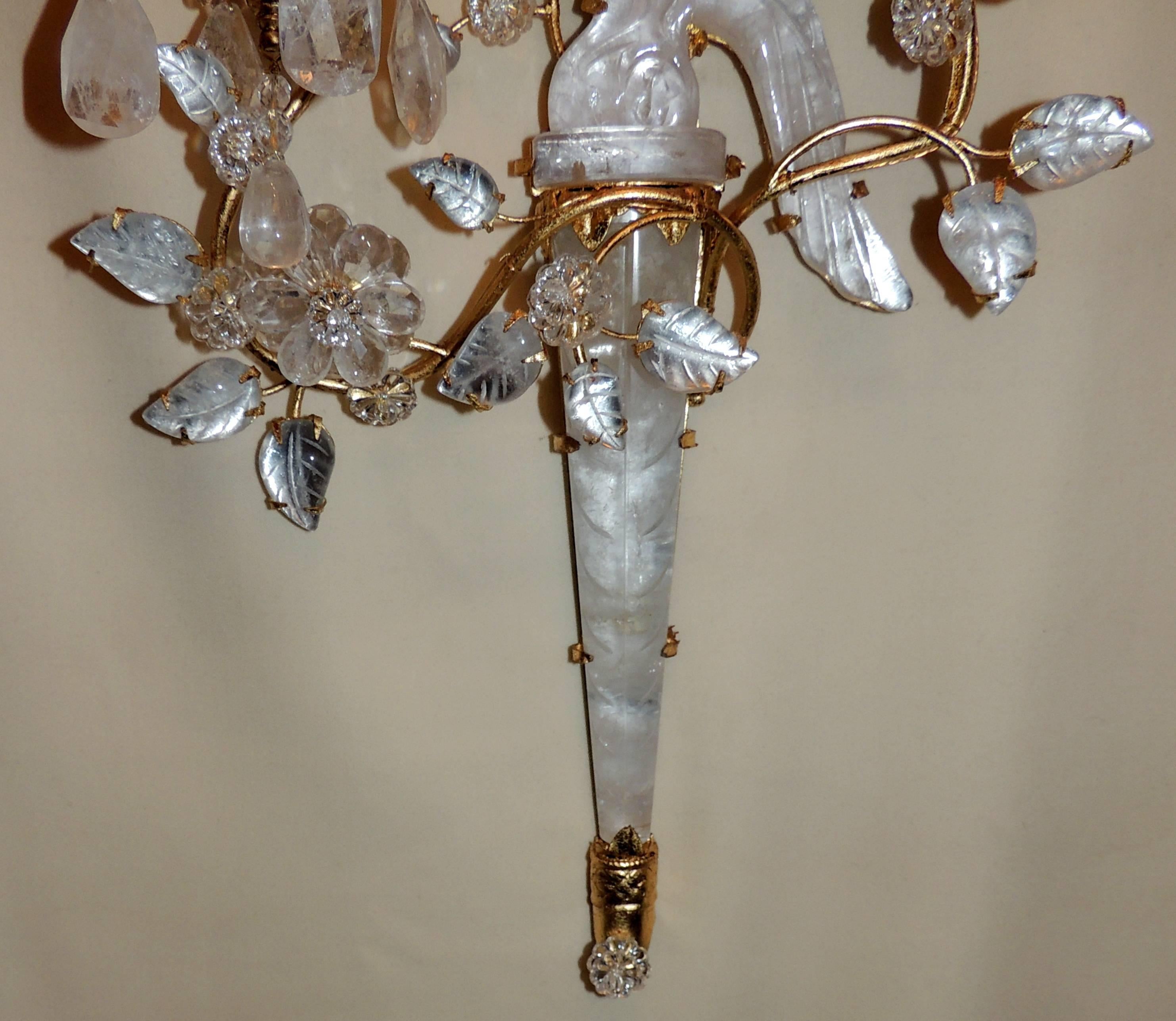 Wonderful Chinoiserie Rock Crystal Mid-Century Modern Bird Baguès Sconces, Pair In Good Condition In Roslyn, NY