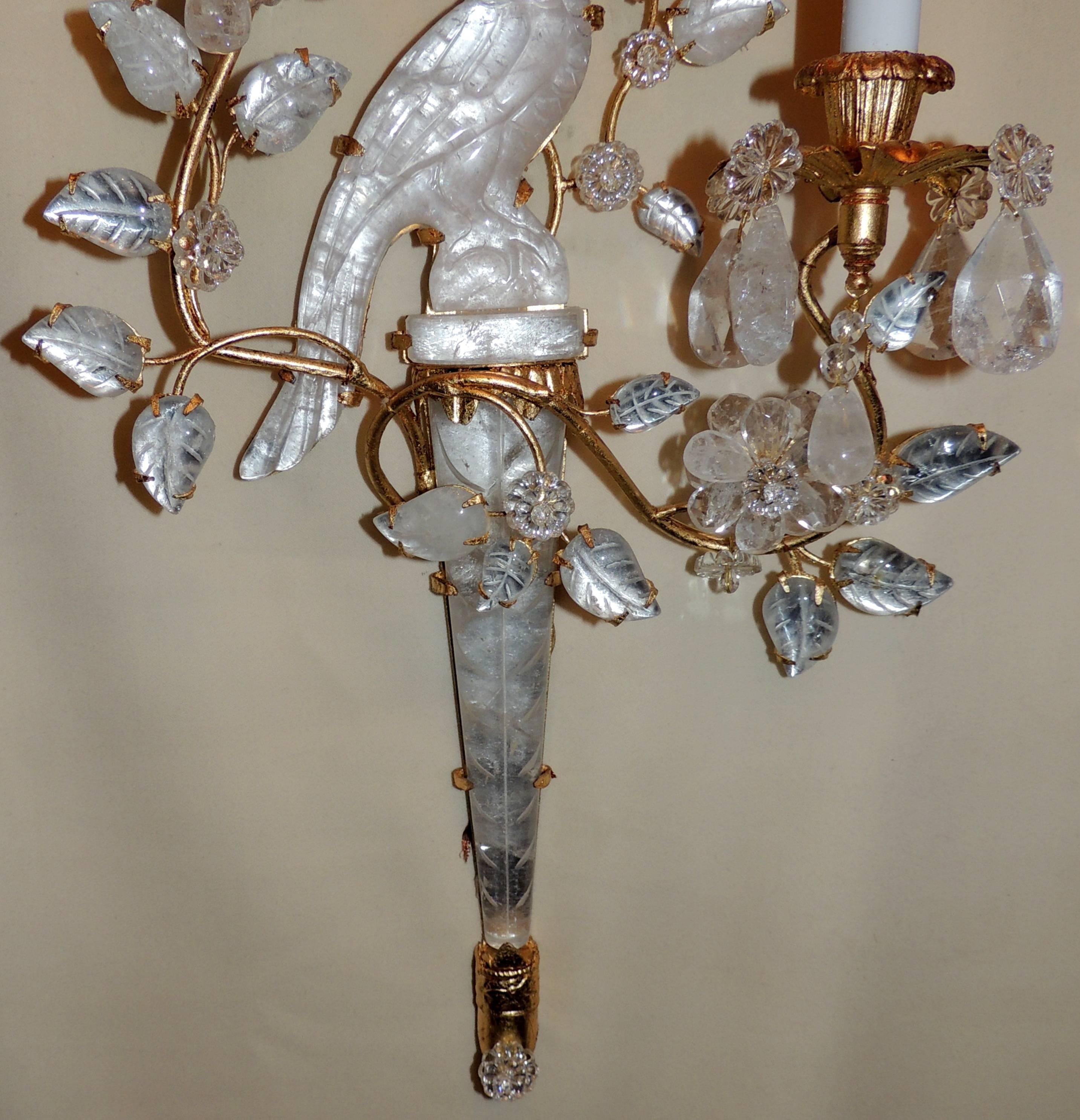 Wonderful Chinoiserie Rock Crystal Mid-Century Modern Bird Baguès Sconces, Pair 1