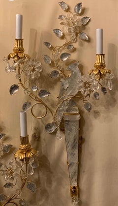 Wonderful Pair Chinoiserie Rock Crystal Two-Arm Gilt Bird Parrot Flower Sconces