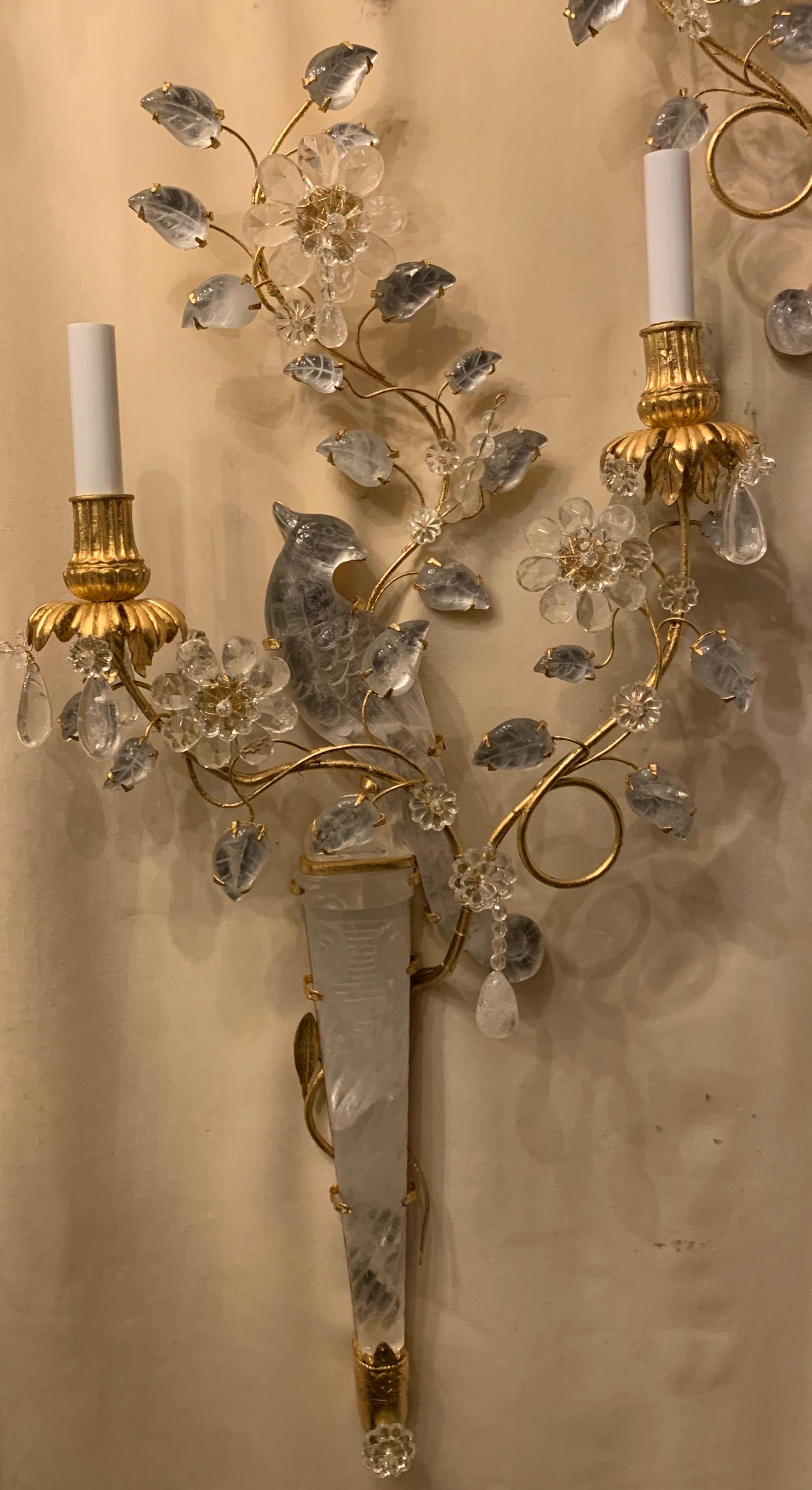 Belle Époque Wonderful Chinoiserie Rock Crystal Two-Arm Gilt Bird Parrot Flower Sconces, Pair