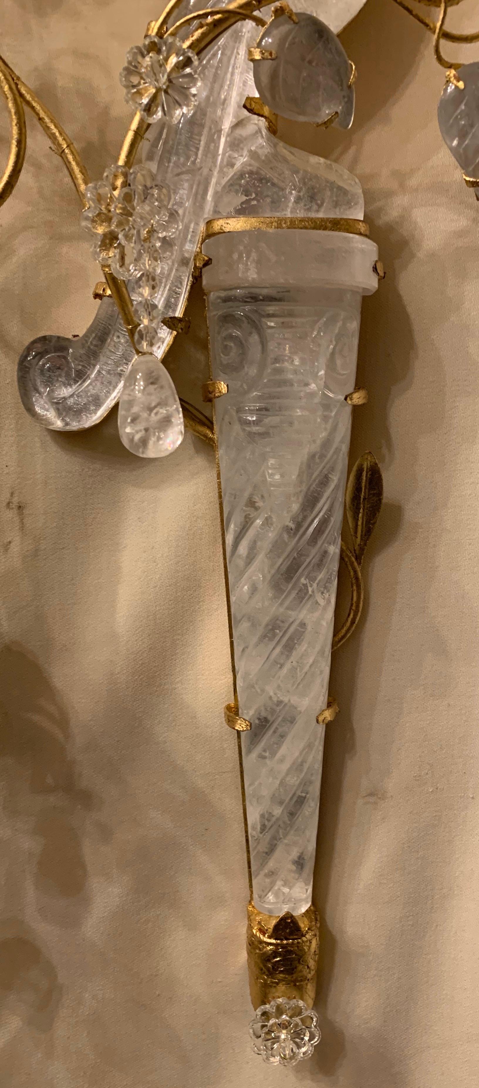 Wonderful Chinoiserie Rock Crystal Two-Arm Gilt Bird Parrot Flower Sconces, Pair In Good Condition In Roslyn, NY
