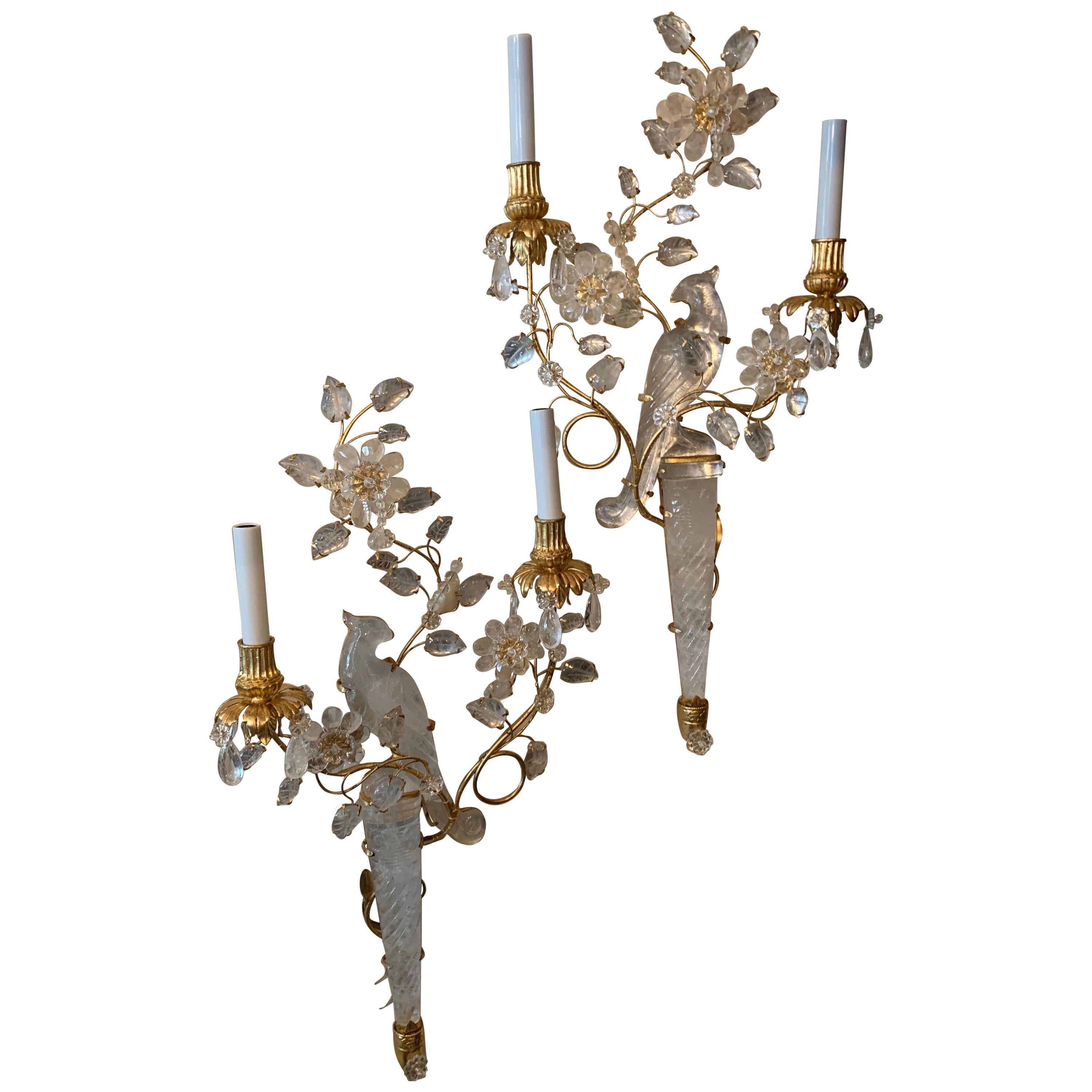 Wonderful Pair Chinoiserie Rock Crystal Two-Arm Gilt Bird Parrot Flower Sconces
