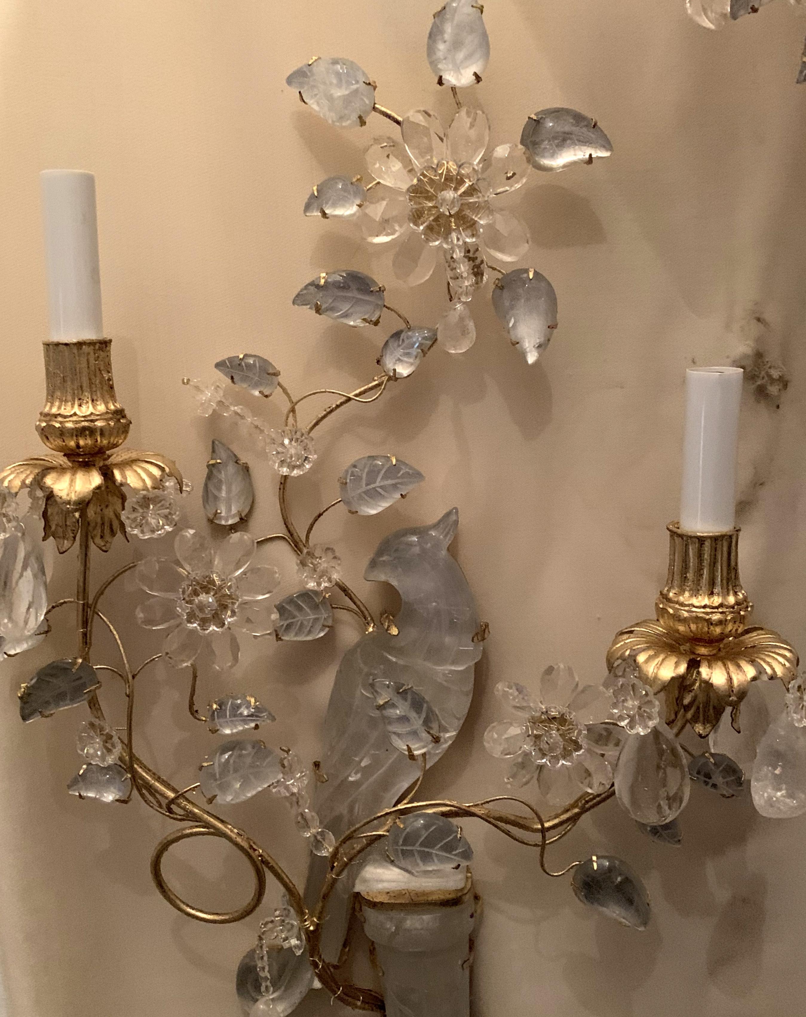 20th Century Wonderful Pair of Chinoiserie Rock Crystal Two-Arm Gold Gilt Bird Flower Sconces