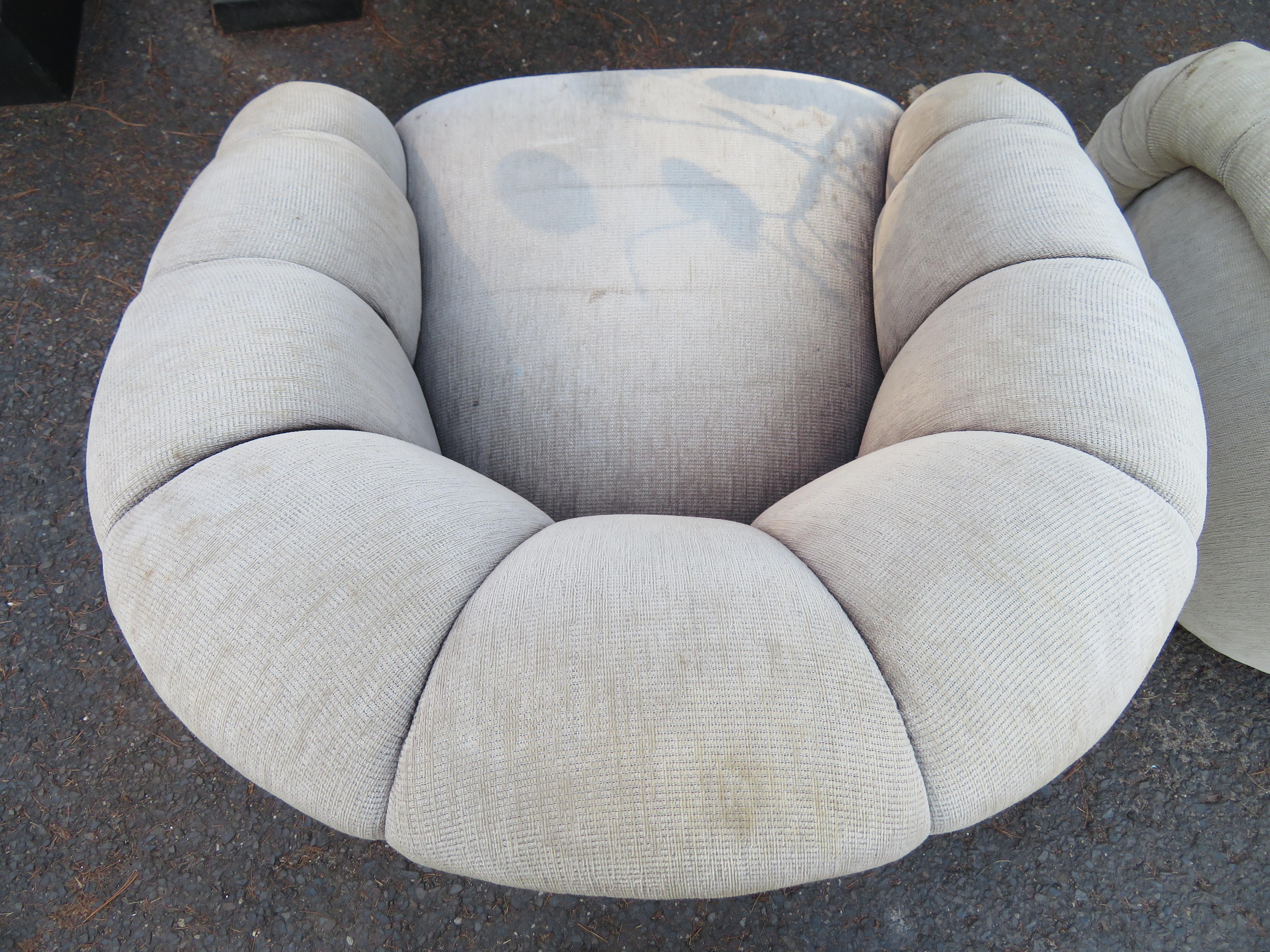 Upholstery Wonderful Pair Croissant Back Swivel Rocker Lounge Chairs Mid-Century Modern For Sale