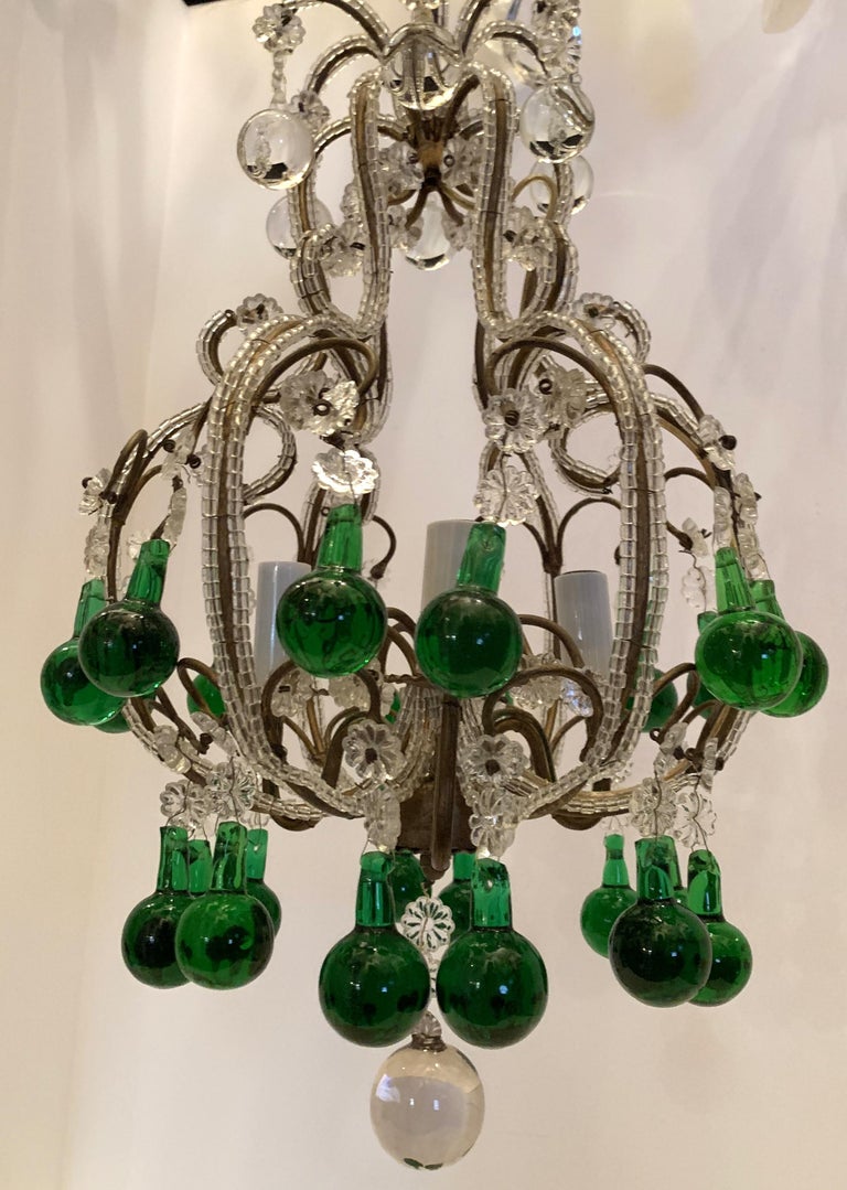 Wonderful Pair Crystal Beaded Emerald Green Italian Petite Chandeliers Fixtures