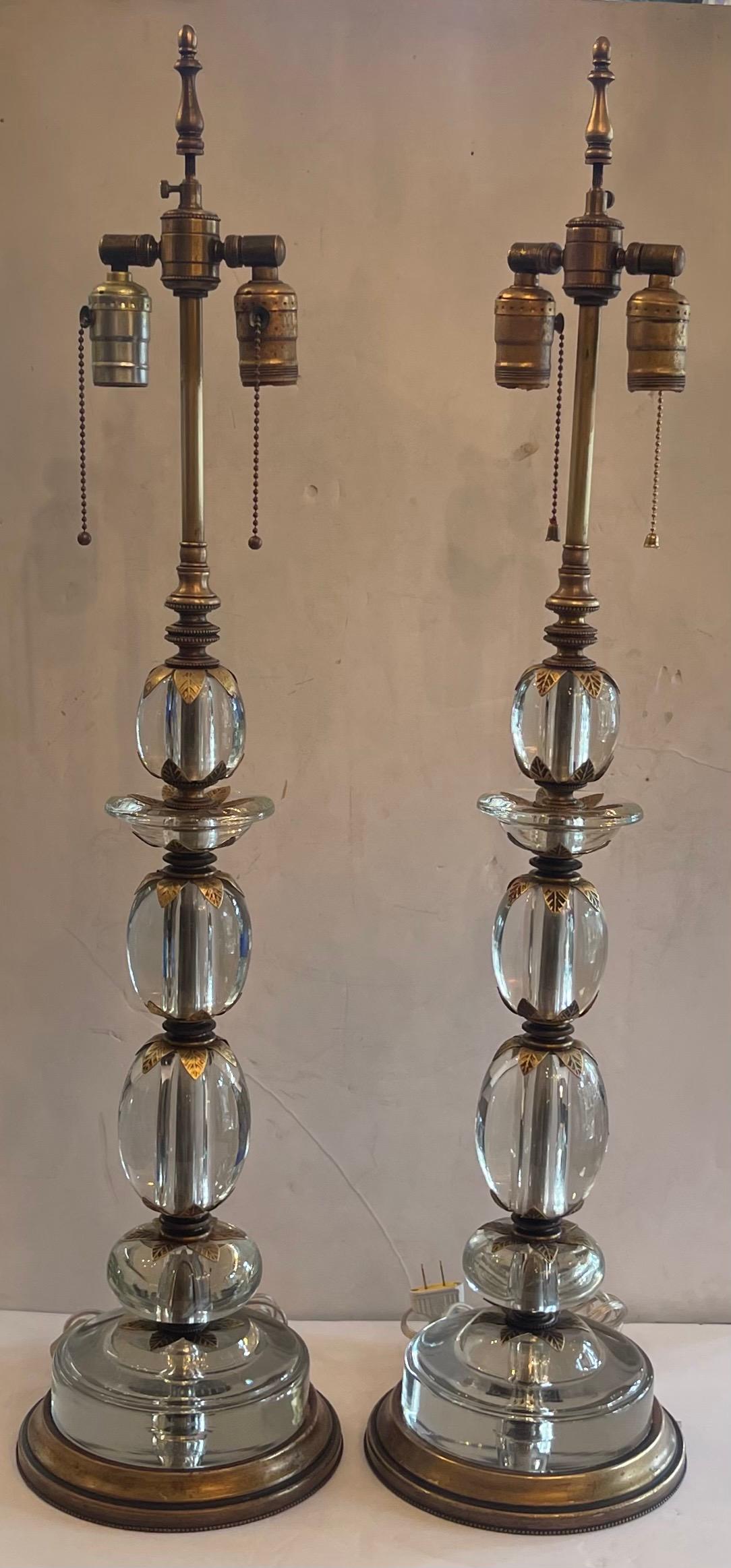 Regency Wonderful Pair Crystal Glass Ormolu Bronze E. F. Caldwell Stack Table Lamps For Sale