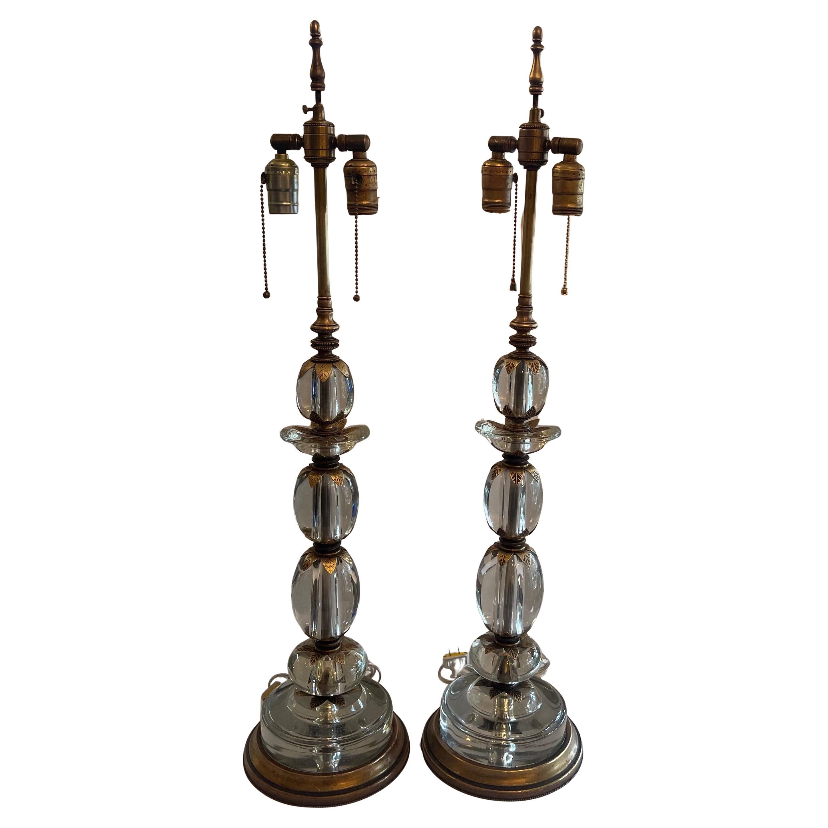 Wonderful Pair Crystal Glass Ormolu Bronze E. F. Caldwell Stack Table Lamps For Sale
