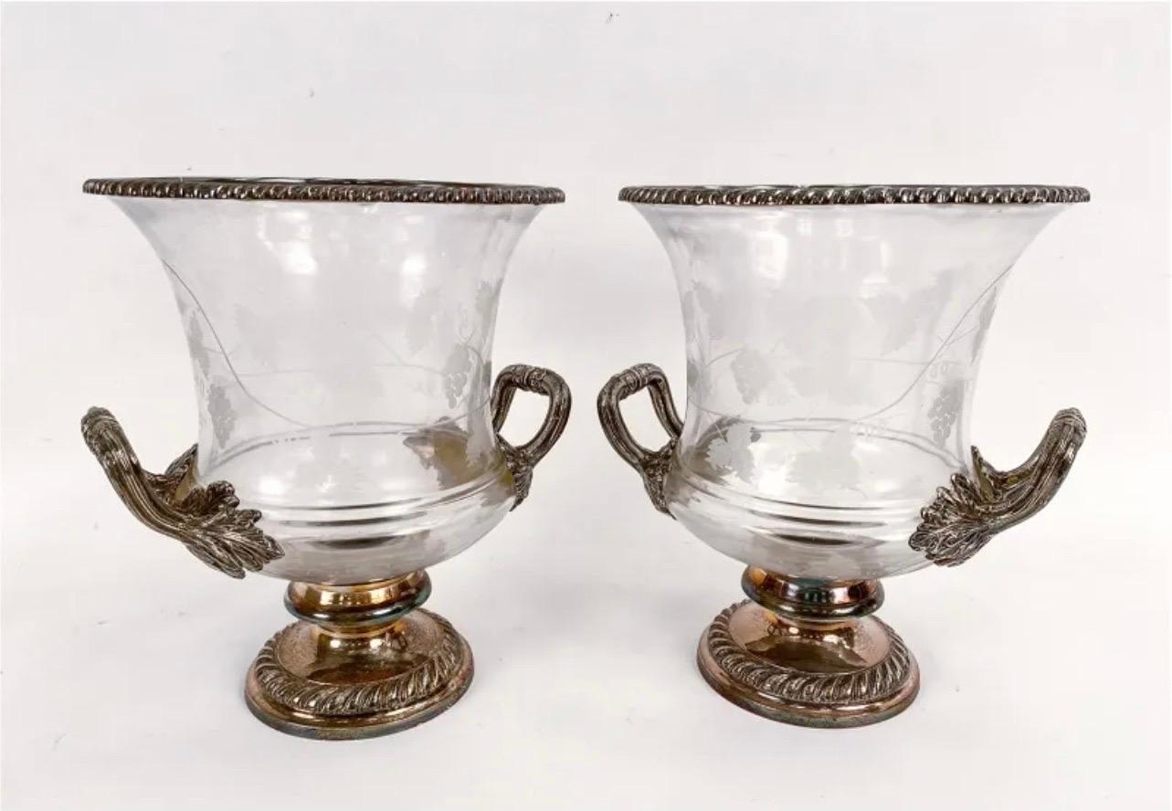 A wonderful pair of vintage etched crystal / glass & silver plated Van Bergh champagne wine cooler ice buckets urns that can double as a pair of vases 
Marked underneath.
 