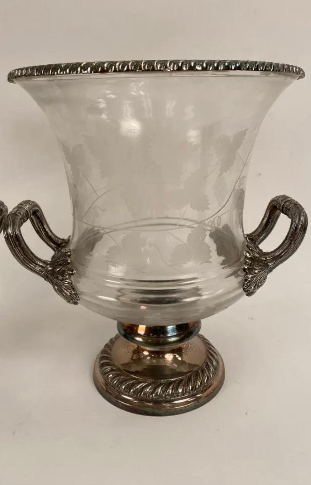 Wonderful Pair Crystal Silver Plated Van Bergh Champagne Wine Cooler Ice Buckets In Good Condition In Roslyn, NY