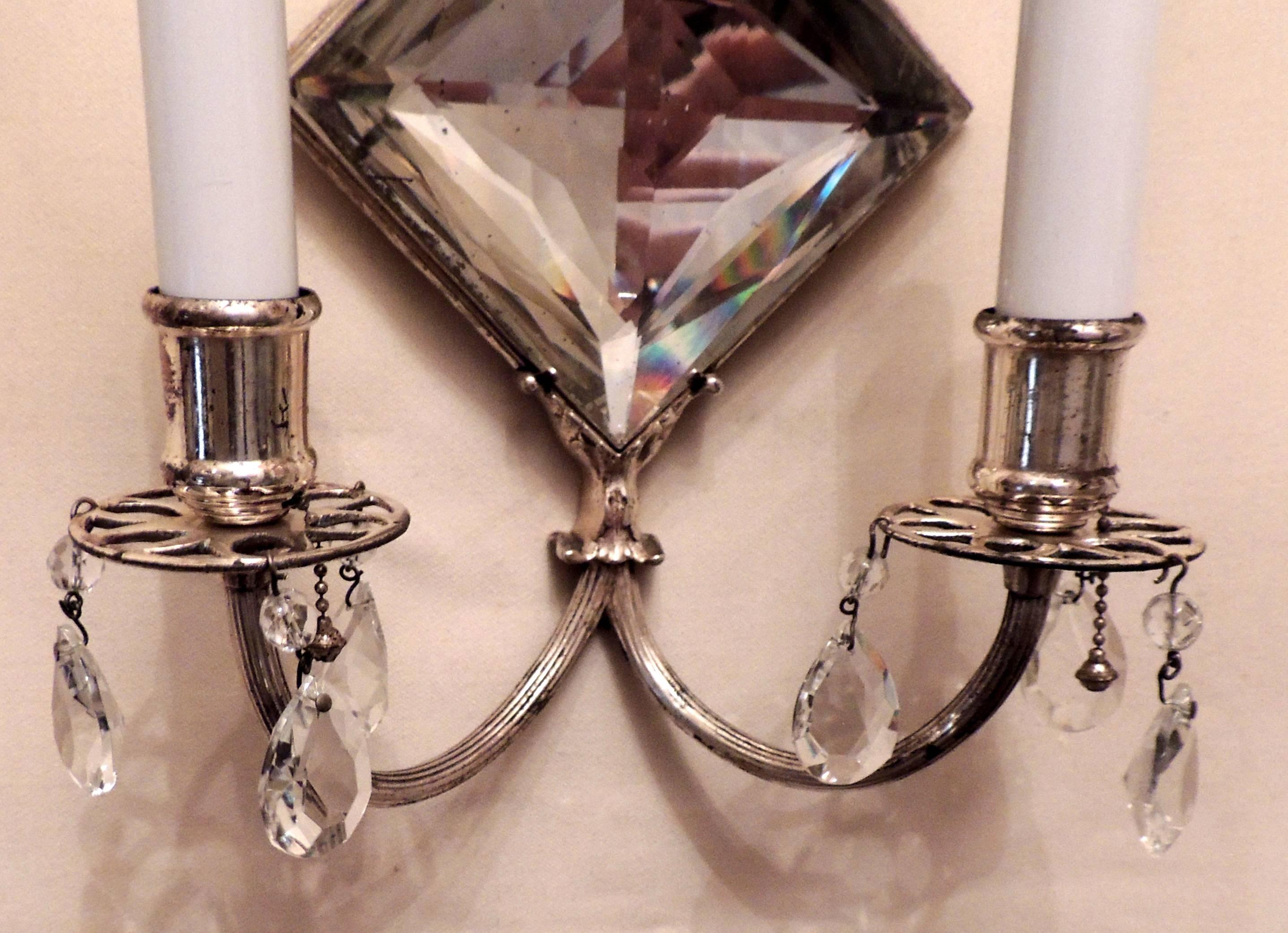 American Wonderful Diamond Crystal Mirror Silvered Bronze Two-Arm Caldwell Sconces, Pair For Sale