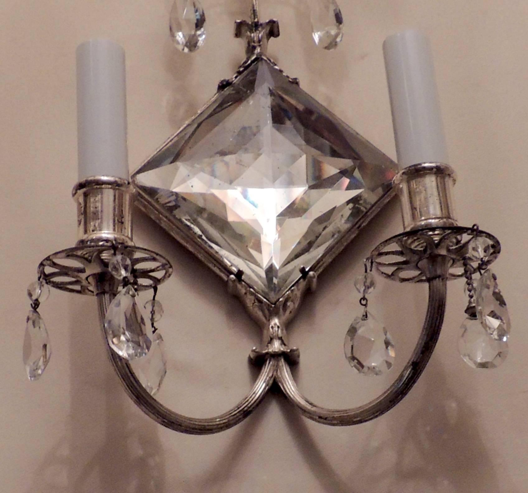 Wonderful Diamond Crystal Mirror Silvered Bronze Two-Arm Caldwell Sconces, Pair In Good Condition For Sale In Roslyn, NY