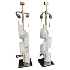 Wonderful Pair Donghia Esha Alta Murano Frosted Art Glass Stacked Nickel Lamps