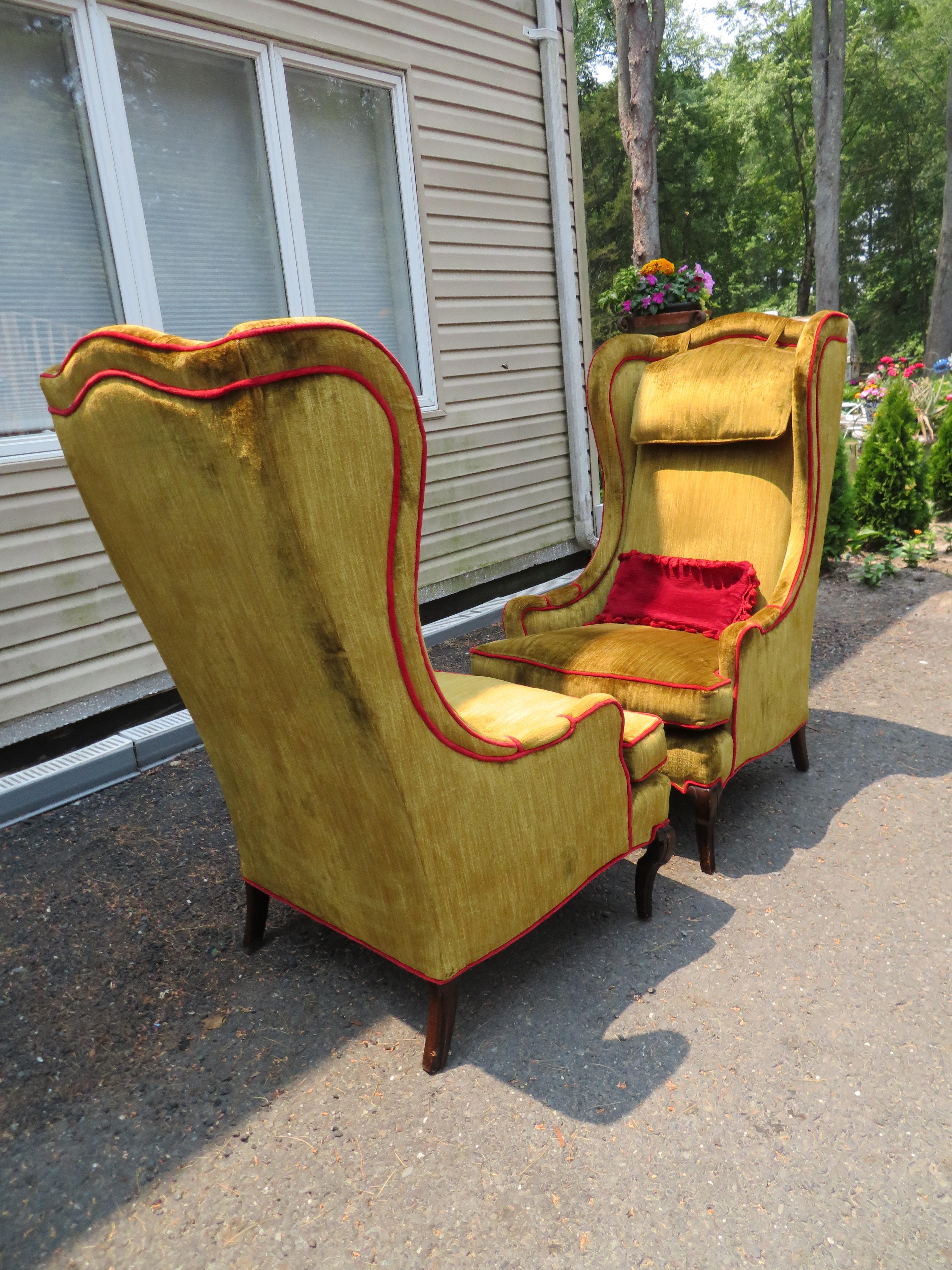 American Wonderful Pair Dorothy Draper Style Tall Wingback Chairs Mid-Century Modern For Sale