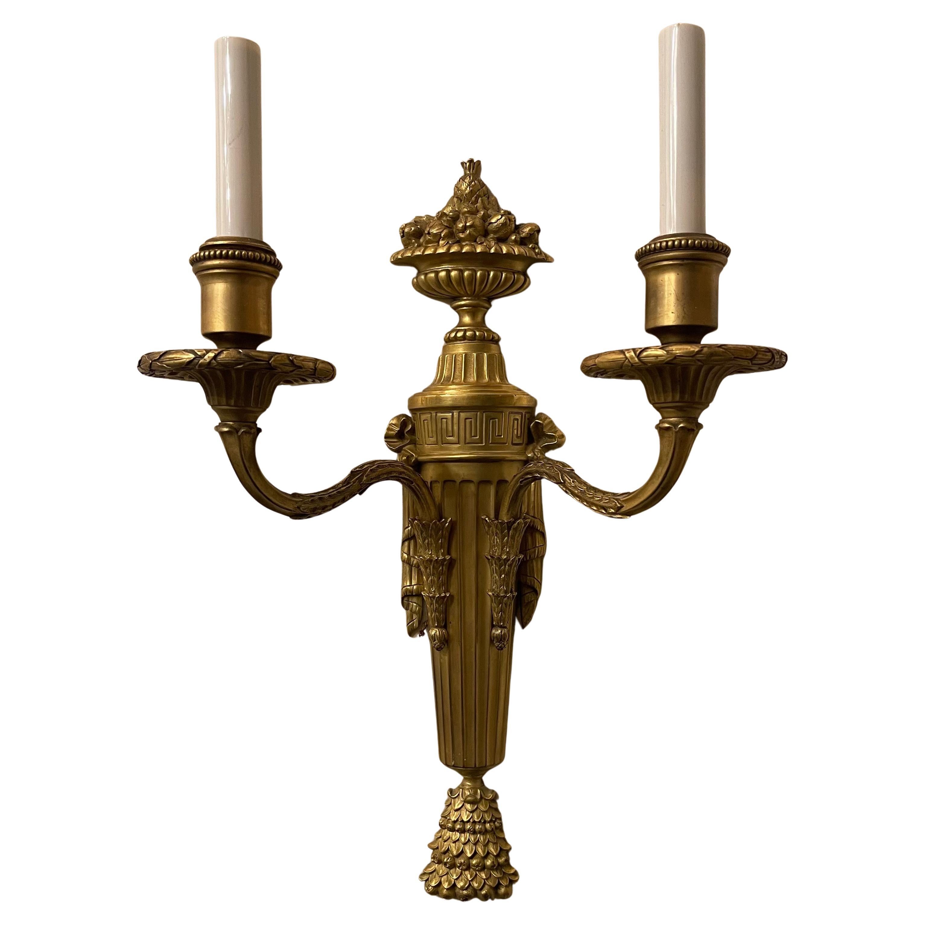  A Wonderful Pair Of E. F. Caldwell Doré Bronze Neoclassical / Regency Basket Urn Form Crown Two Candelabra Light Sconces