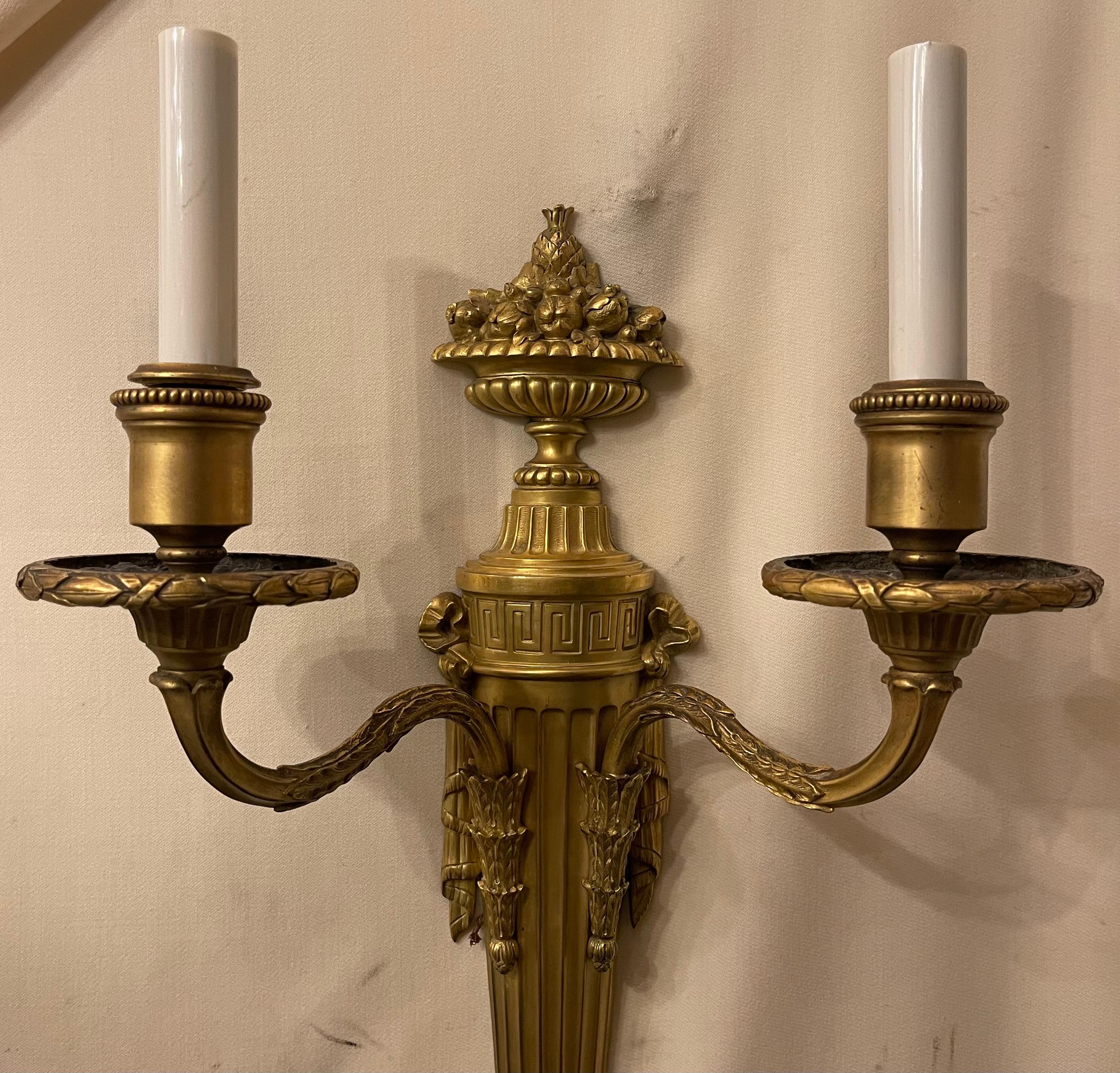 Gilt Wonderful Pair E. F. Caldwell Doré Bronze Neoclassical Regency Basket Sconces For Sale