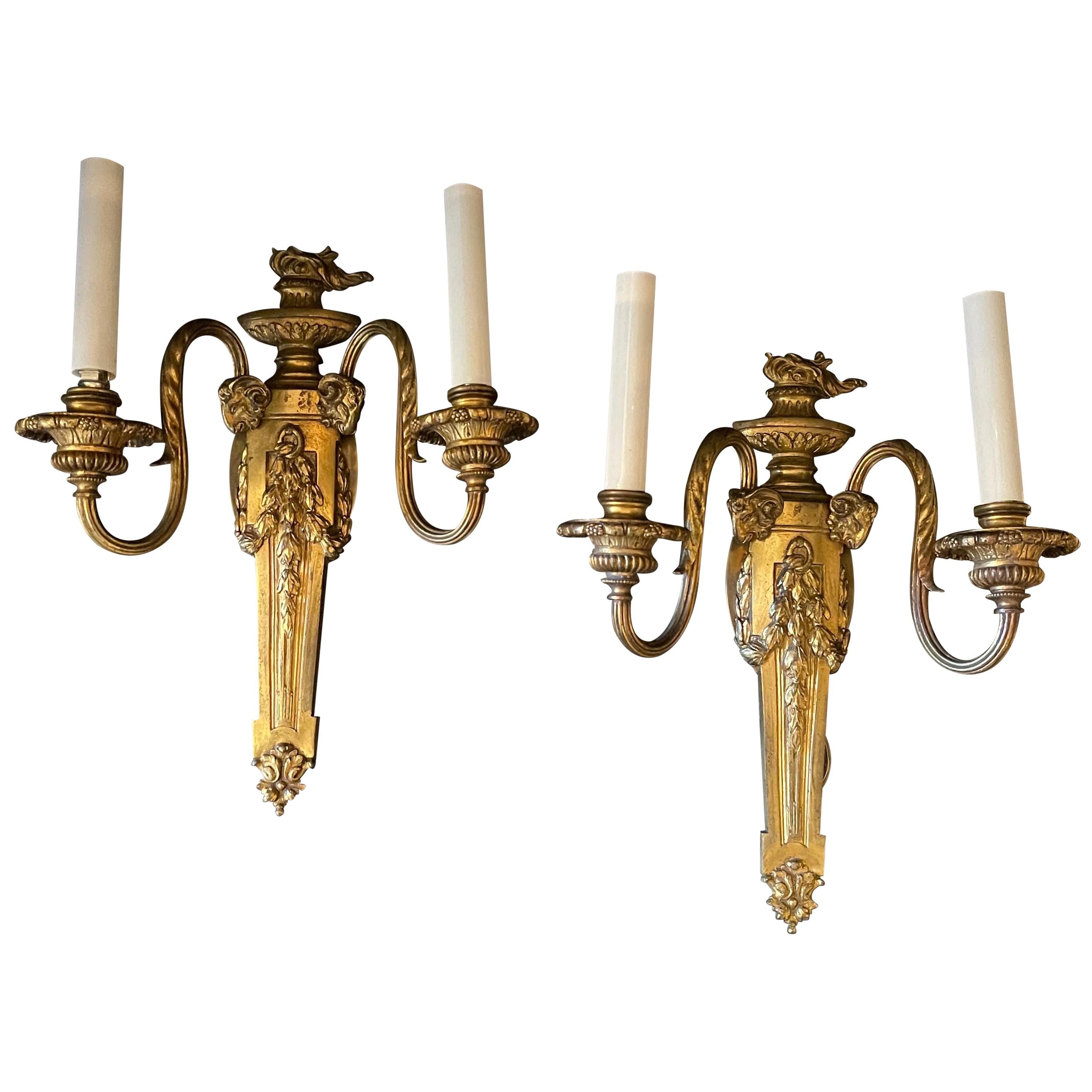 Wonderful Pair E. F. Caldwell Neoclassical Bronze Urn Touchier Two-Arm Sconces For Sale