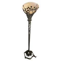 Wonderful Pair Edgar Brandt Art Deco Iron Alabaster Floor Lamps French Torchères